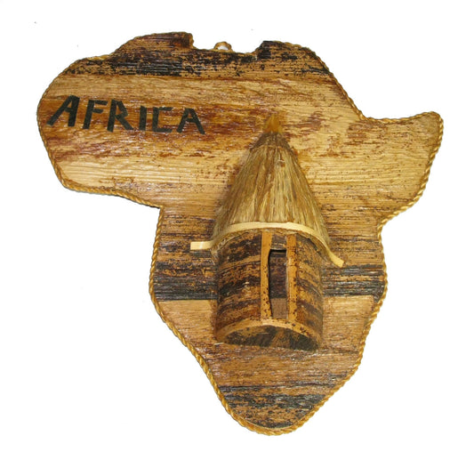 Map of Africa with Village Hut Design - hand made in Banana Leaf 20 cm - loop to hang on wall with Storycard