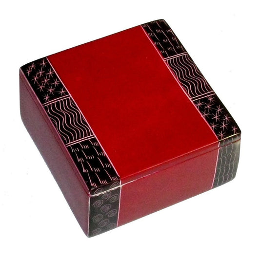 African Handcrafted Deep Red Design Stone Jewellery Box 10cm with Story-card