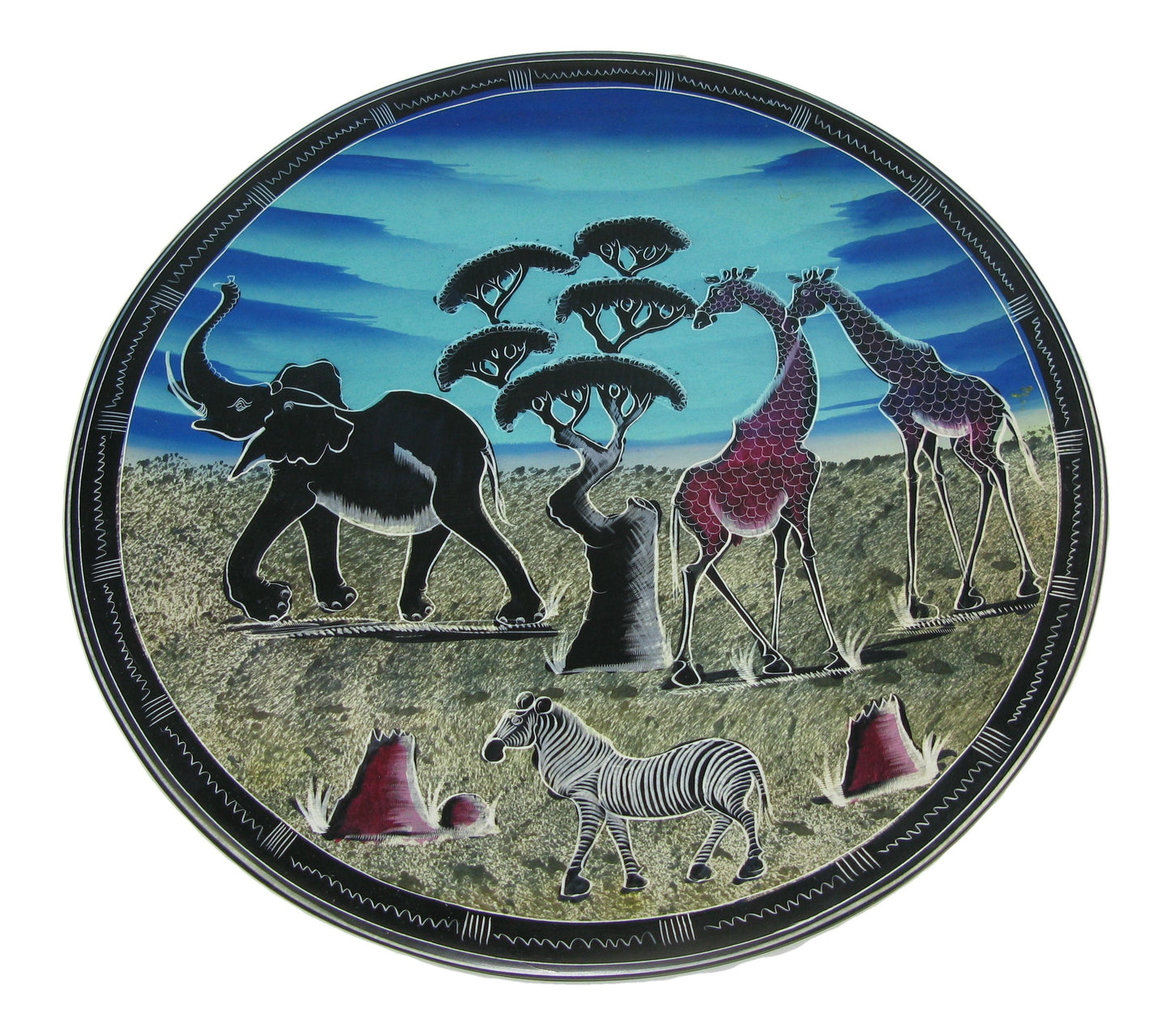 African Savannah - Wildlife Collectable Stone Round Display Plate 12 inch / 30 cm Fair Trade with Story-card