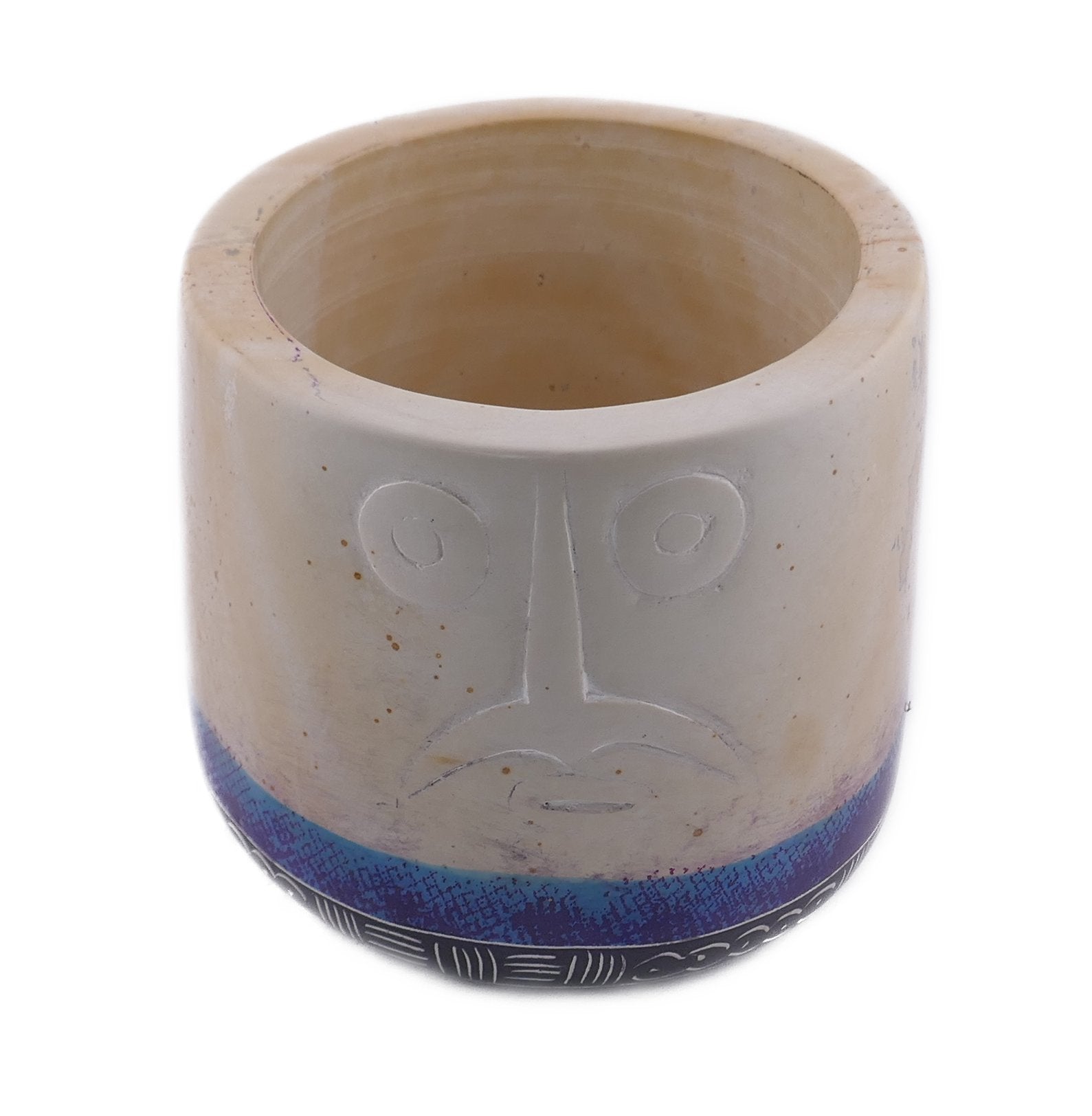 Stone Planter Plant Pot African warrior face design hand made 10cm with Storycard Orange or Blue Stripe