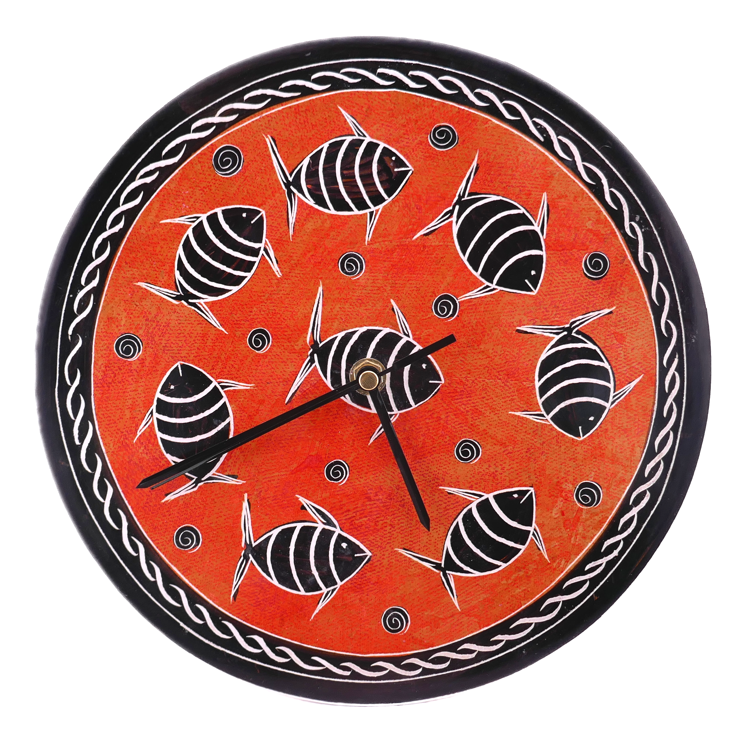 Handcrafted African Stone Wall Clock 8 inch – Artisan‑made, Orange Fish Design, Natural Stone, Quartz Movement, Ready to Hang