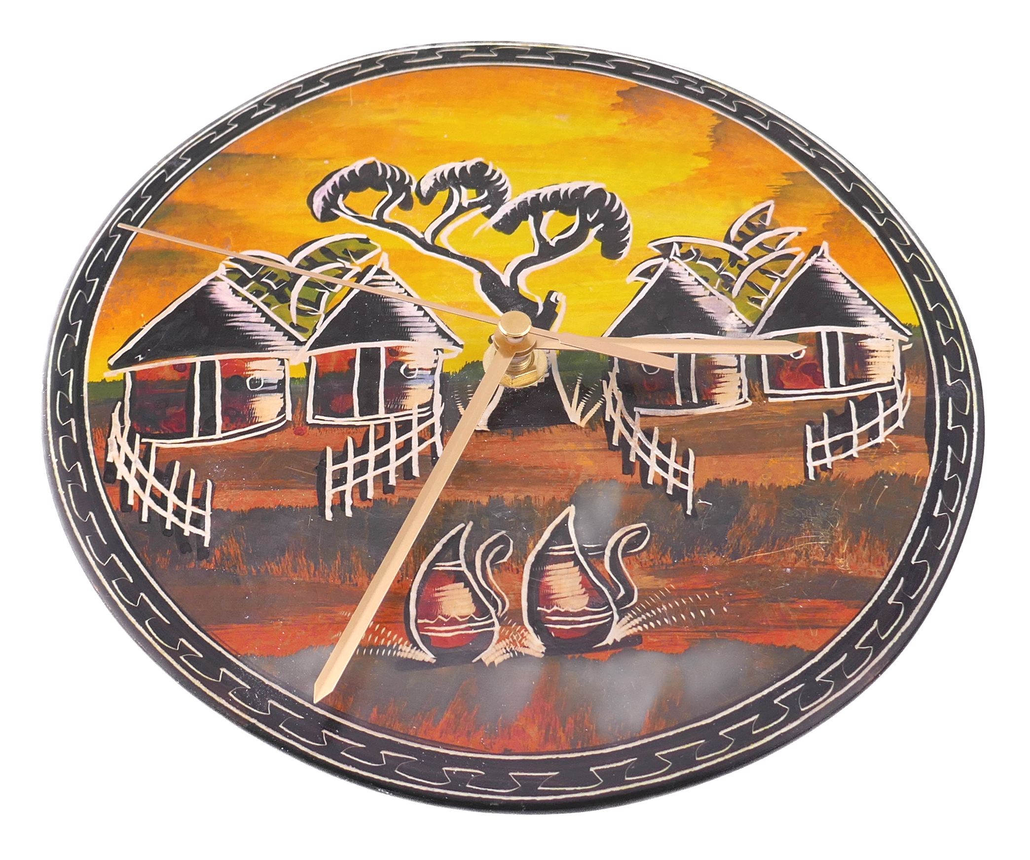 Handcrafted African Stone Wall Clock 8 inch – Artisan‑made, African Life Designs, Natural Stone, Dancers, Village Huts, Giraffes, Quartz Movement, Ready to Hang
