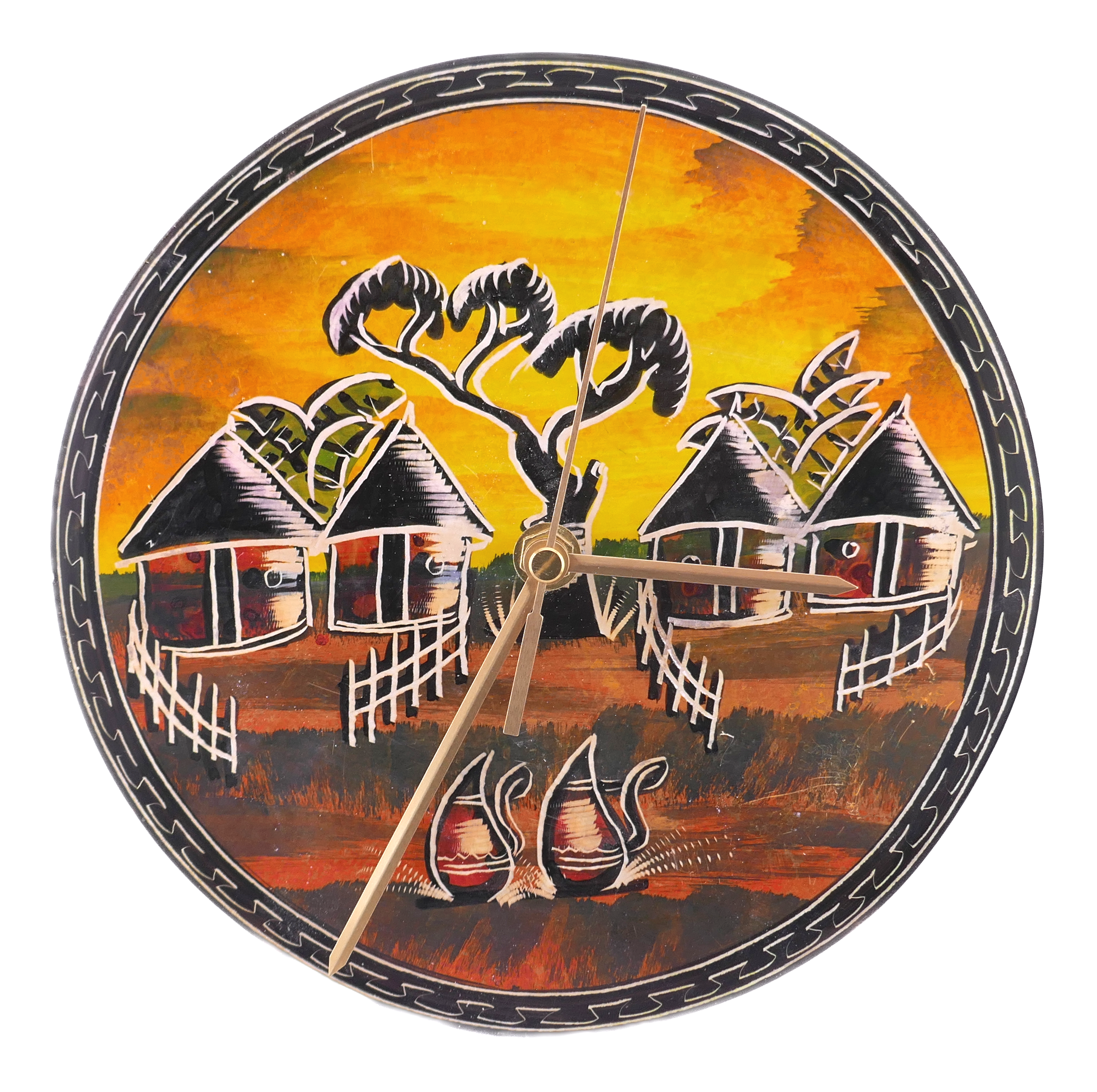 Handcrafted African Stone Wall Clock 8 inch – Artisan‑made, African Life Designs, Natural Stone, Dancers, Village Huts, Giraffes, Quartz Movement, Ready to Hang
