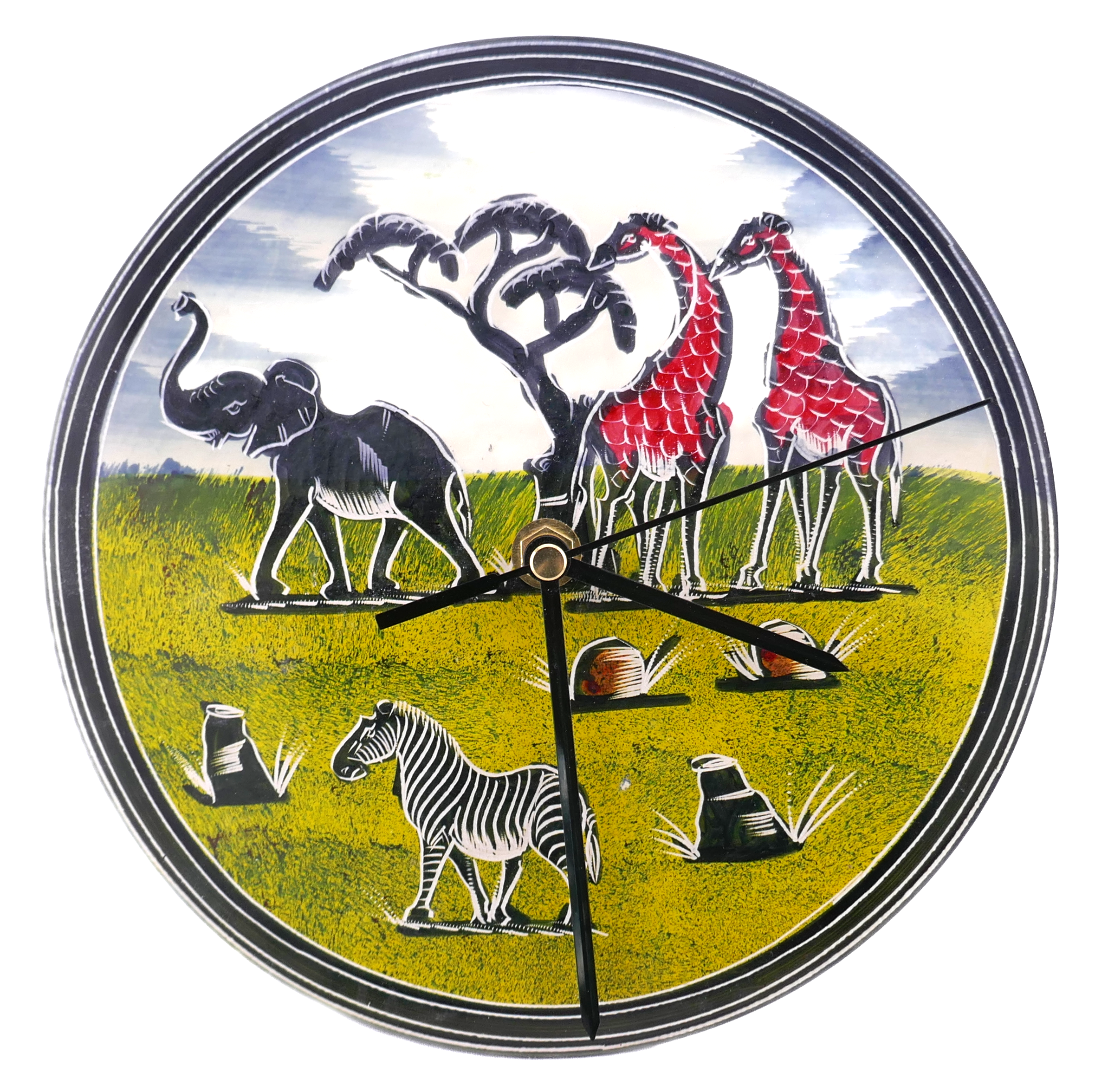 Handcrafted African Stone Wall Clock 8 inch – Artisan‑made, African Wildlife Design, Natural Stone, Elephant, Zebra, Giraffes, Quartz Movement, Ready to Hang