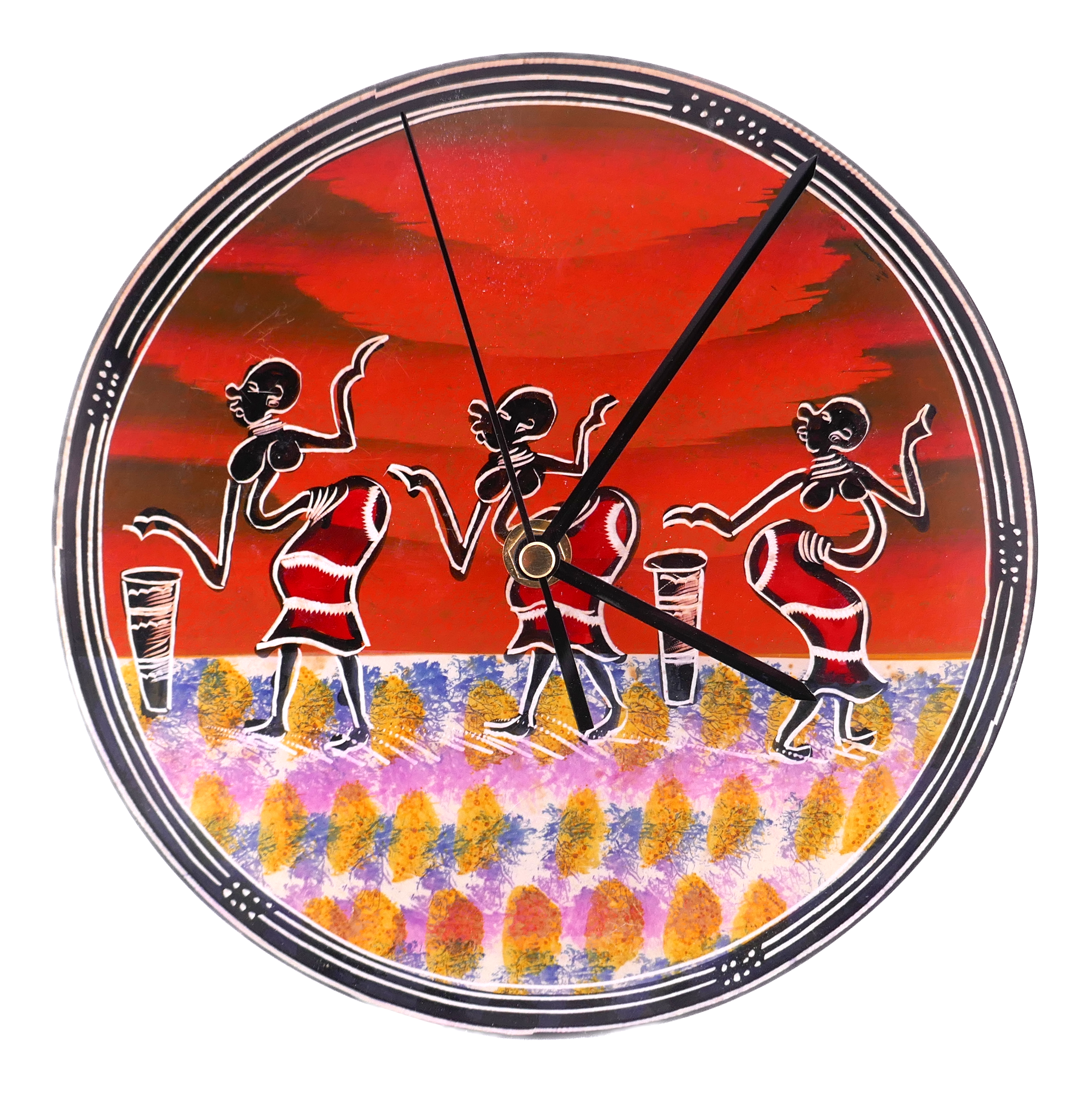 Handcrafted African Stone Wall Clock 8 inch – Artisan‑made, African Life Designs, Natural Stone, Dancers, Village Huts, Giraffes, Quartz Movement, Ready to Hang