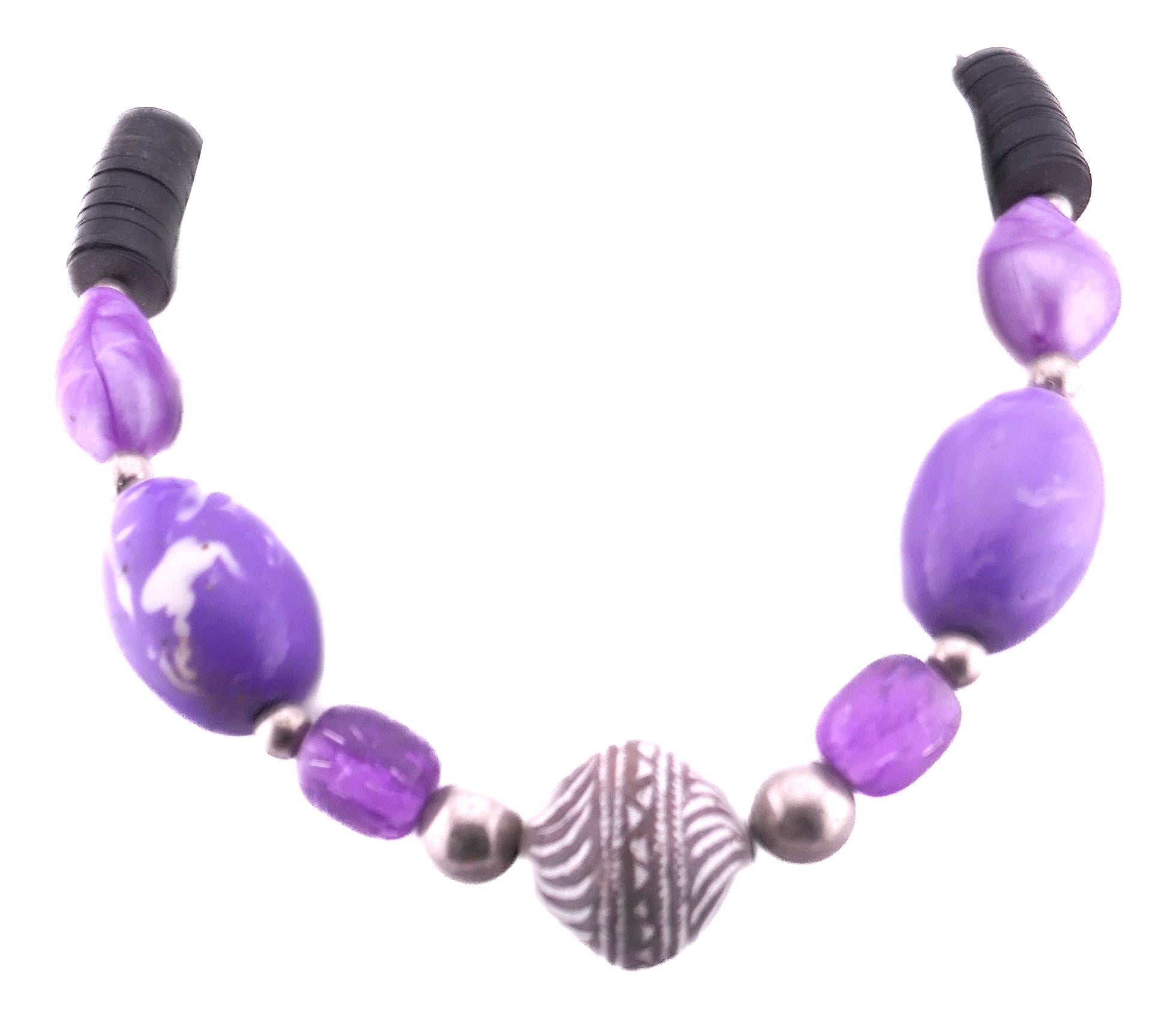 African beaded Necklace // 16" / 40 cm // Chunky purple beads with stone pendant // Hand made in Senegal, West Africa // orange Presentation Pouch - FriendlyTradingCo