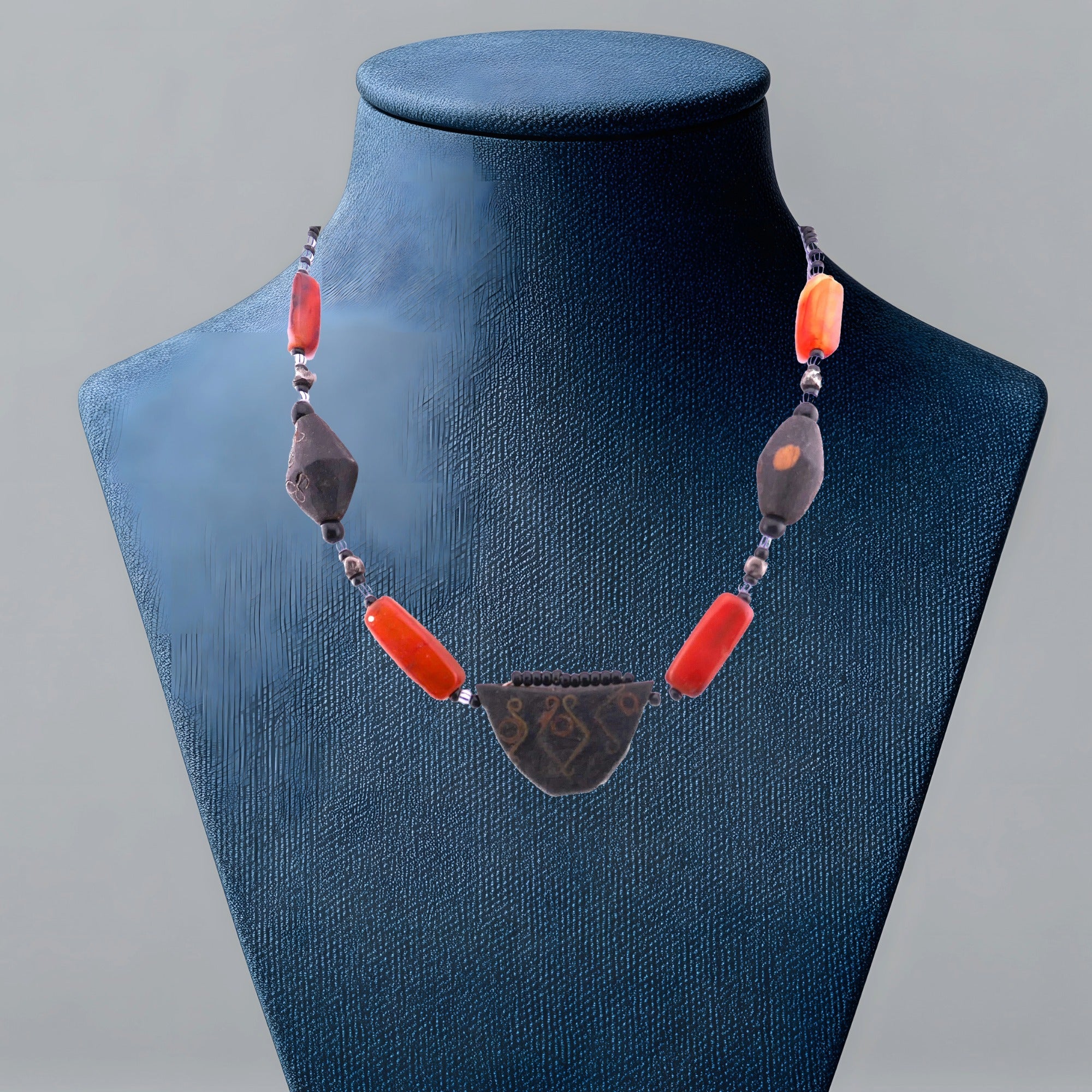 African beaded Necklace // 18" / 45 cm // Stone & resin beads with stone pendant // Hand made in Senegal, West Africa // orange Presentation Pouch - FriendlyTradingCo