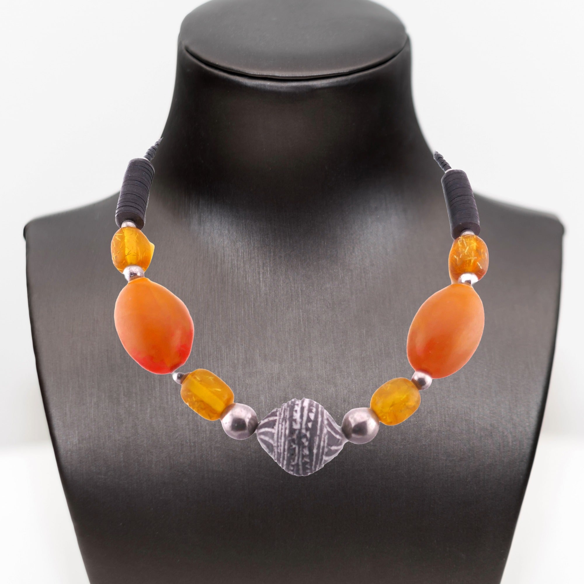 African beaded Necklace // 19" / 46 cm // Stone pendant with large orange beads // Hand made in Senegal, West Africa // with orange Presentation Pouch - FriendlyTradingCo