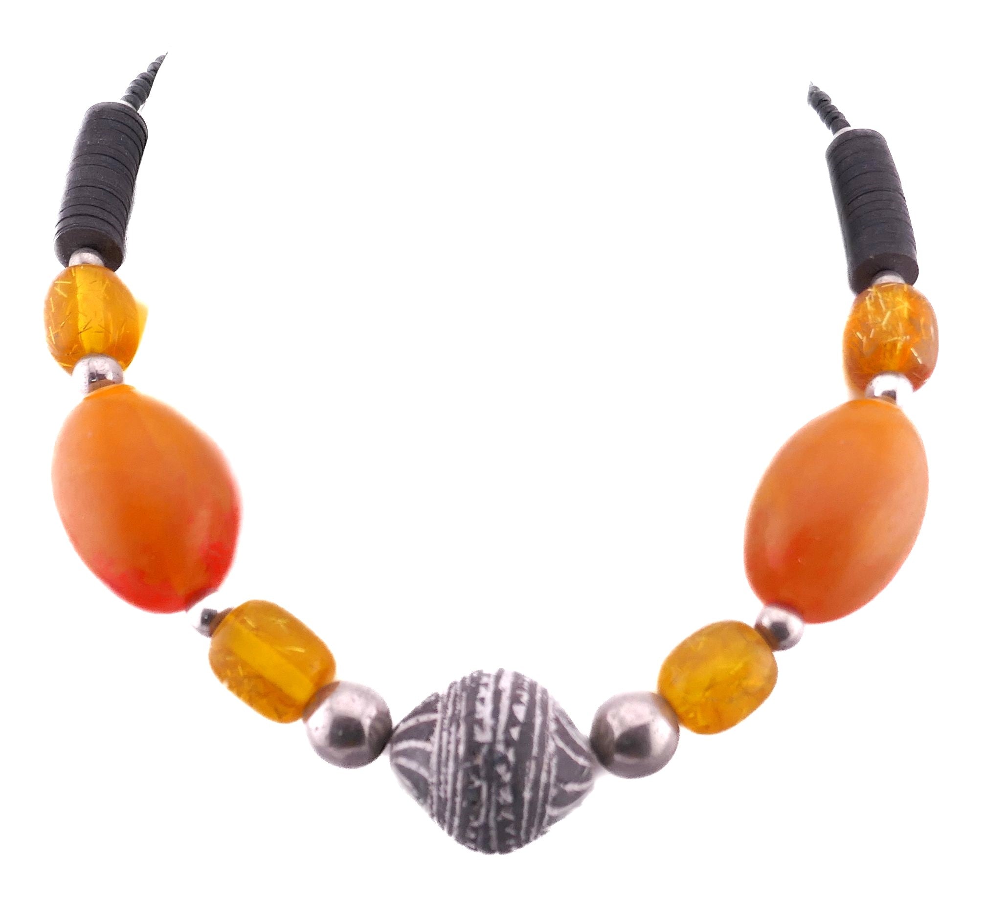 African beaded Necklace // 19" / 46 cm // Stone pendant with large orange beads // Hand made in Senegal, West Africa // with orange Presentation Pouch - FriendlyTradingCo