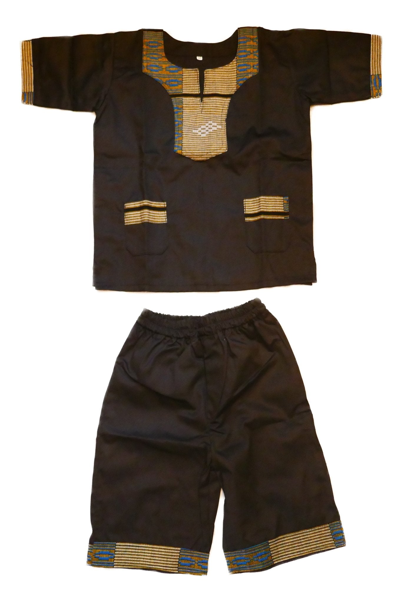 African Dashiki Shirt & Shorts set for Boys and Girls // Black with African colours // Contemporary design // Ages from 8 - 14 depending on child`s size - FriendlyTradingCo