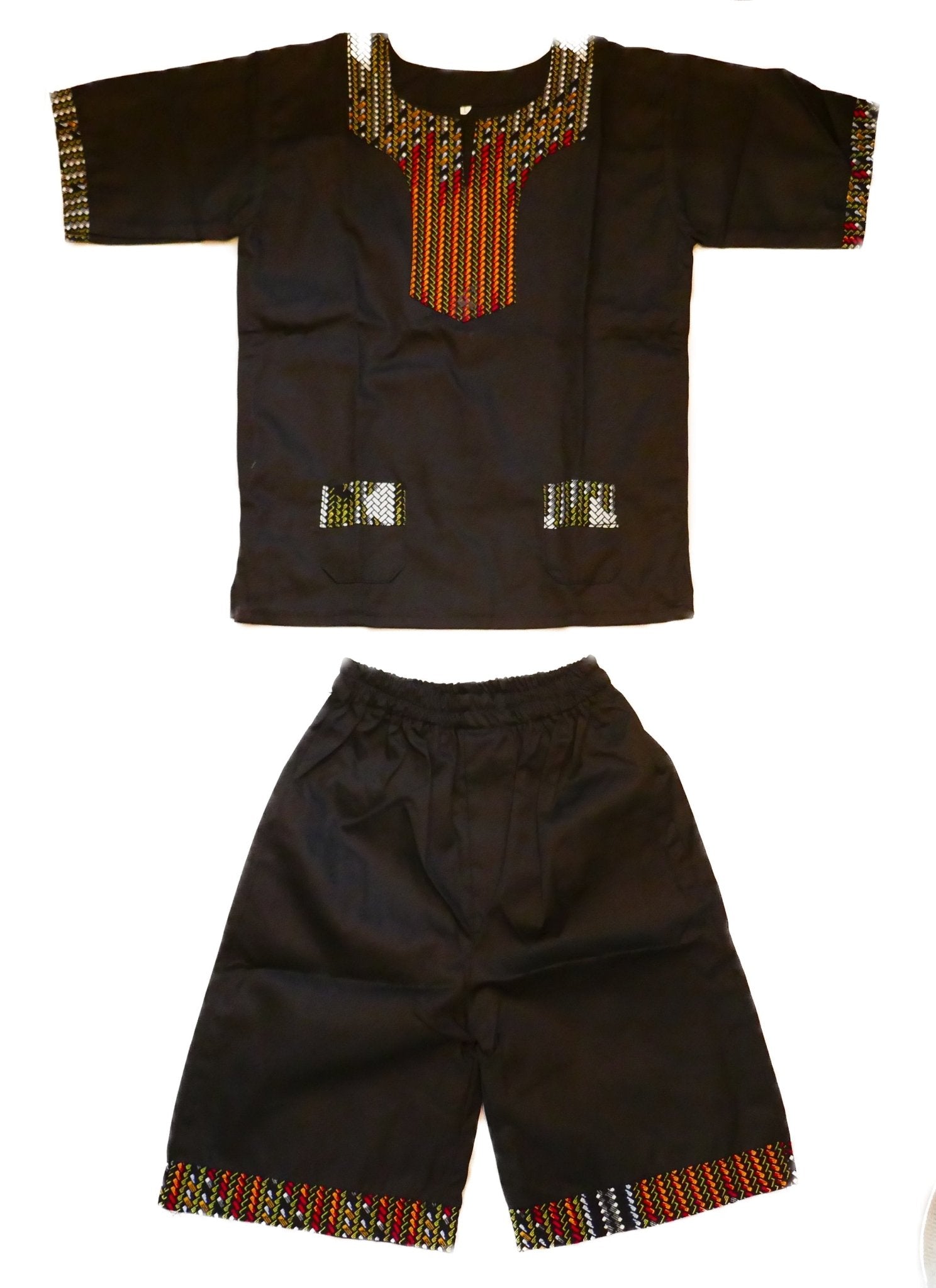 African Dashiki Shirt & Shorts set for Boys and Girls // Black with African colours // Contemporary design // Ages from 8 - 14 depending on child`s size - FriendlyTradingCo
