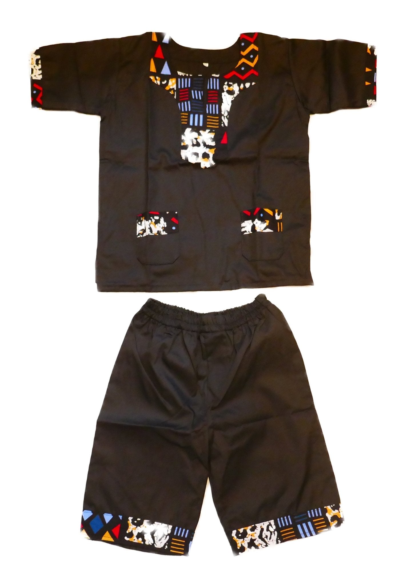 African Dashiki Shirt & Shorts set for Boys and Girls // Black with African colours // Contemporary design // Ages from 8 - 14 depending on child`s size - FriendlyTradingCo