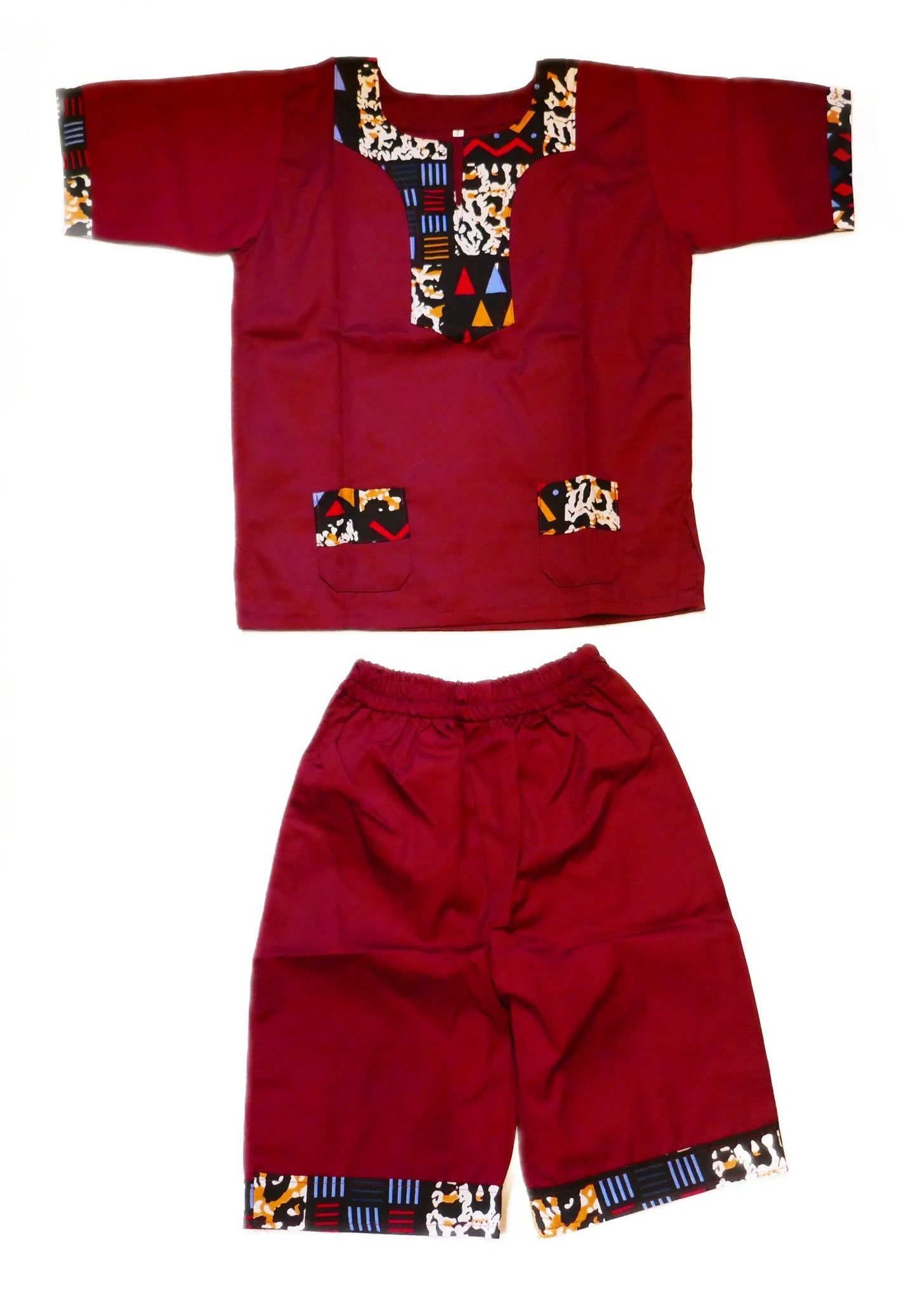 African Dashiki Shirt & Shorts set for Boys and Girls // Burgundy with African colours // Contemporary design // Ages from 8 - 14 depending on child`s size - FriendlyTradingCo
