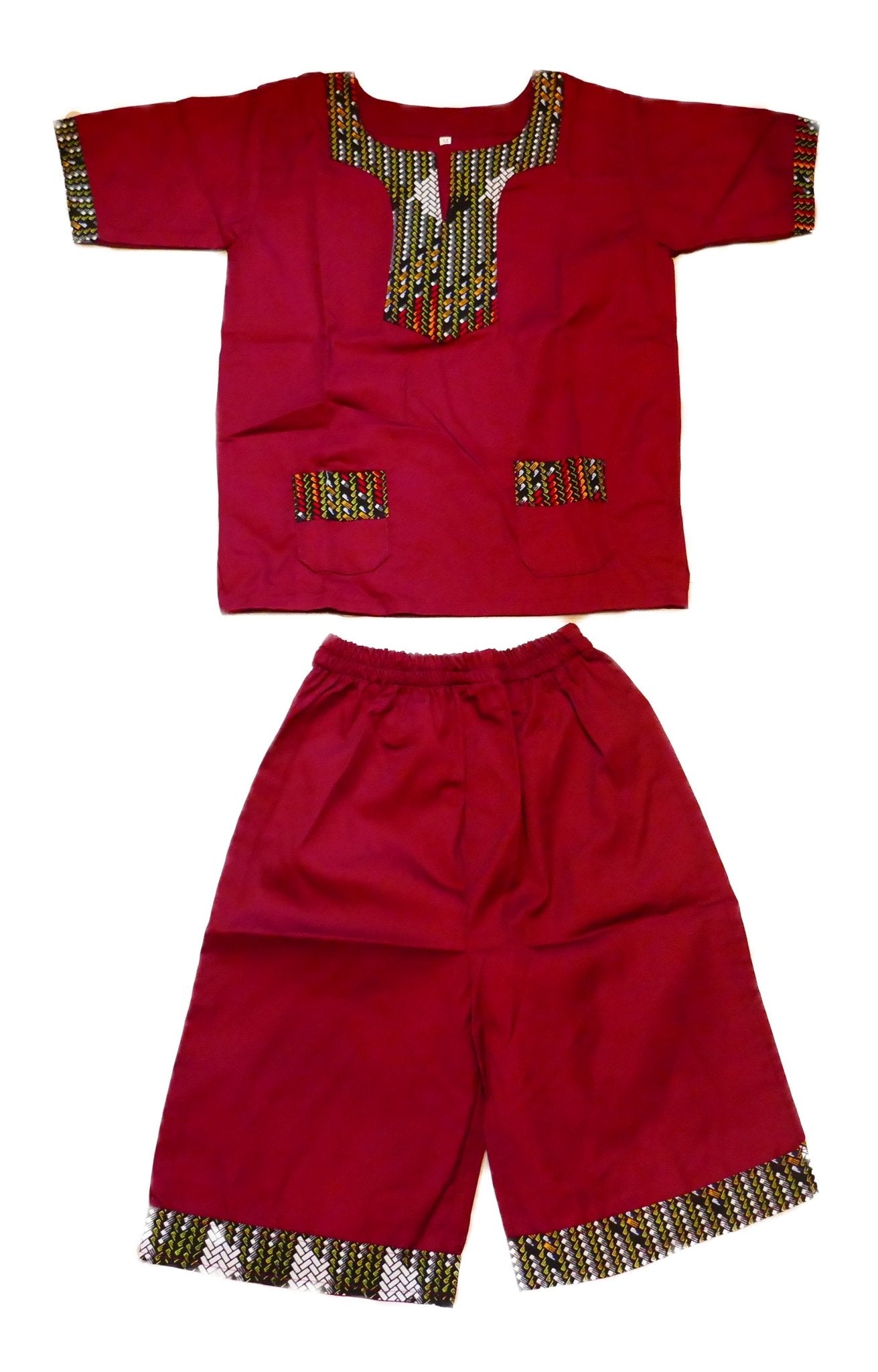 African Dashiki Shirt & Shorts set for Boys and Girls // Burgundy with African colours // Contemporary design // Ages from 8 - 14 depending on child`s size - FriendlyTradingCo