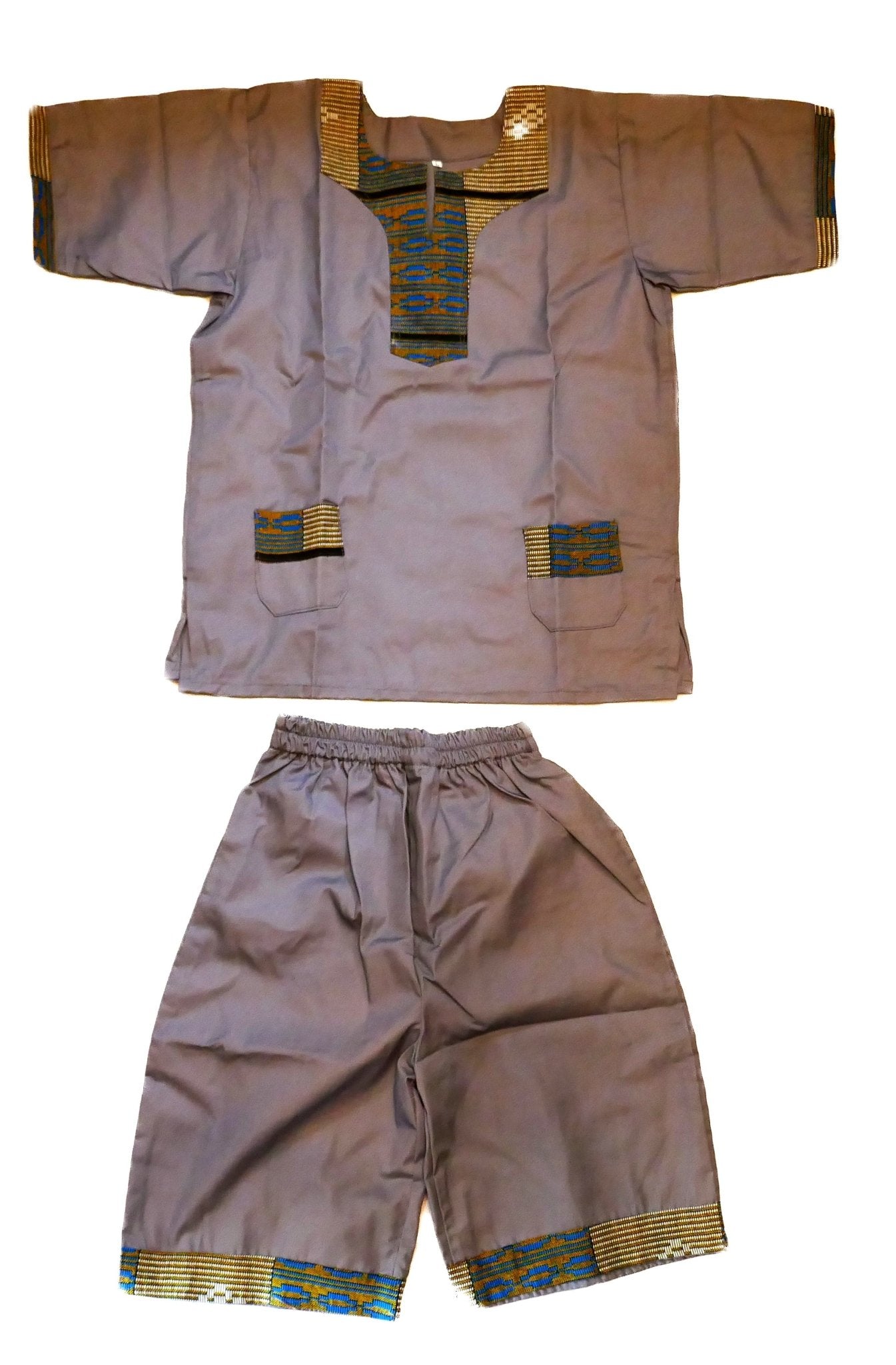 African Dashiki Shirt & Shorts set for Boys and Girls // Grey with African colours // Contemporary design // Ages from 8 - 14 depending on child`s size - FriendlyTradingCo