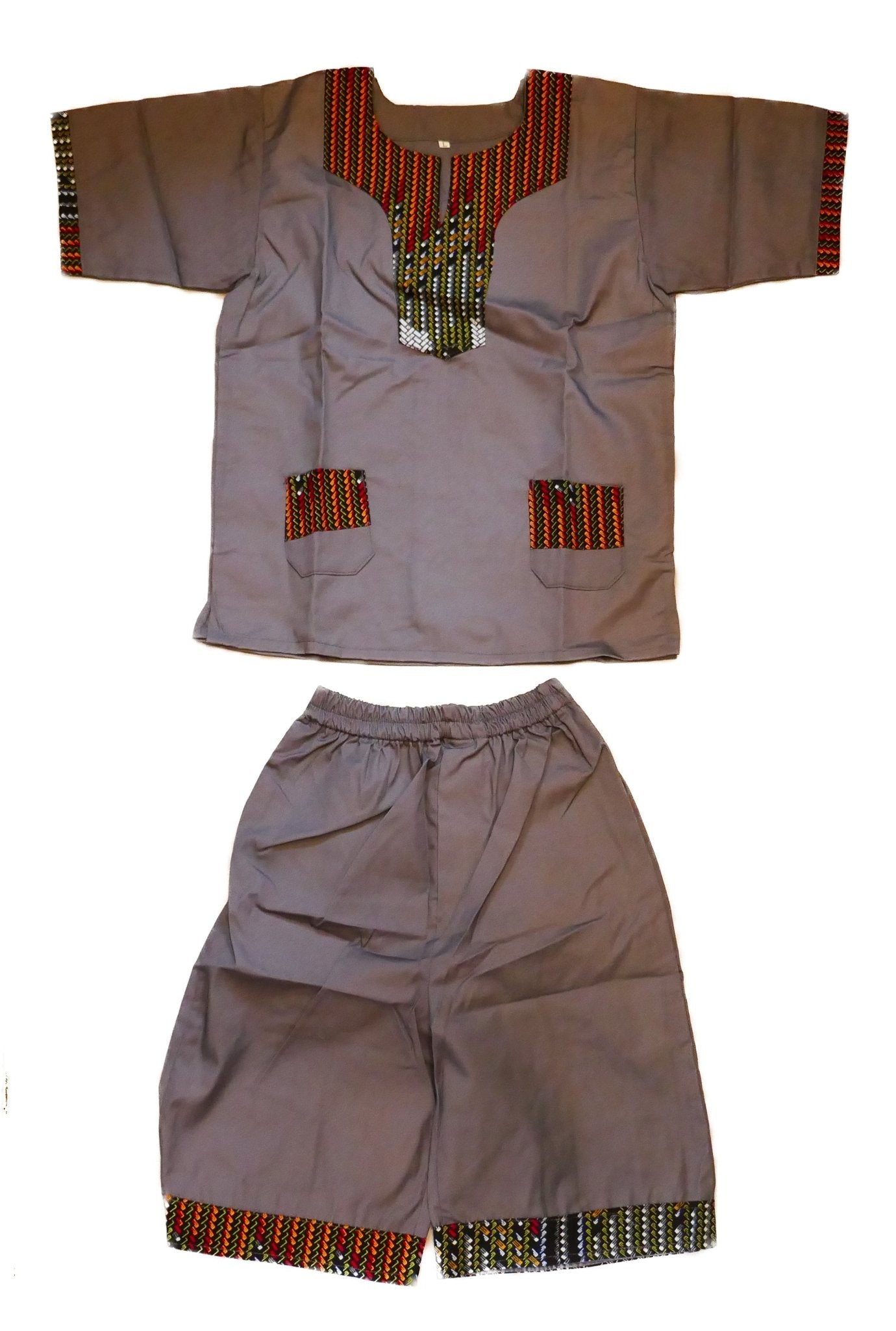 African Dashiki Shirt & Shorts set for Boys and Girls // Grey with African colours // Contemporary design // Ages from 8 - 14 depending on child`s size - FriendlyTradingCo