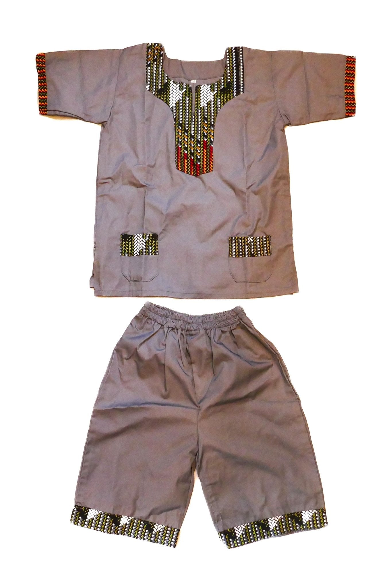 African Dashiki Shirt & Shorts set for Boys and Girls // Grey with African colours // Contemporary design // Ages from 8 - 14 depending on child`s size - FriendlyTradingCo