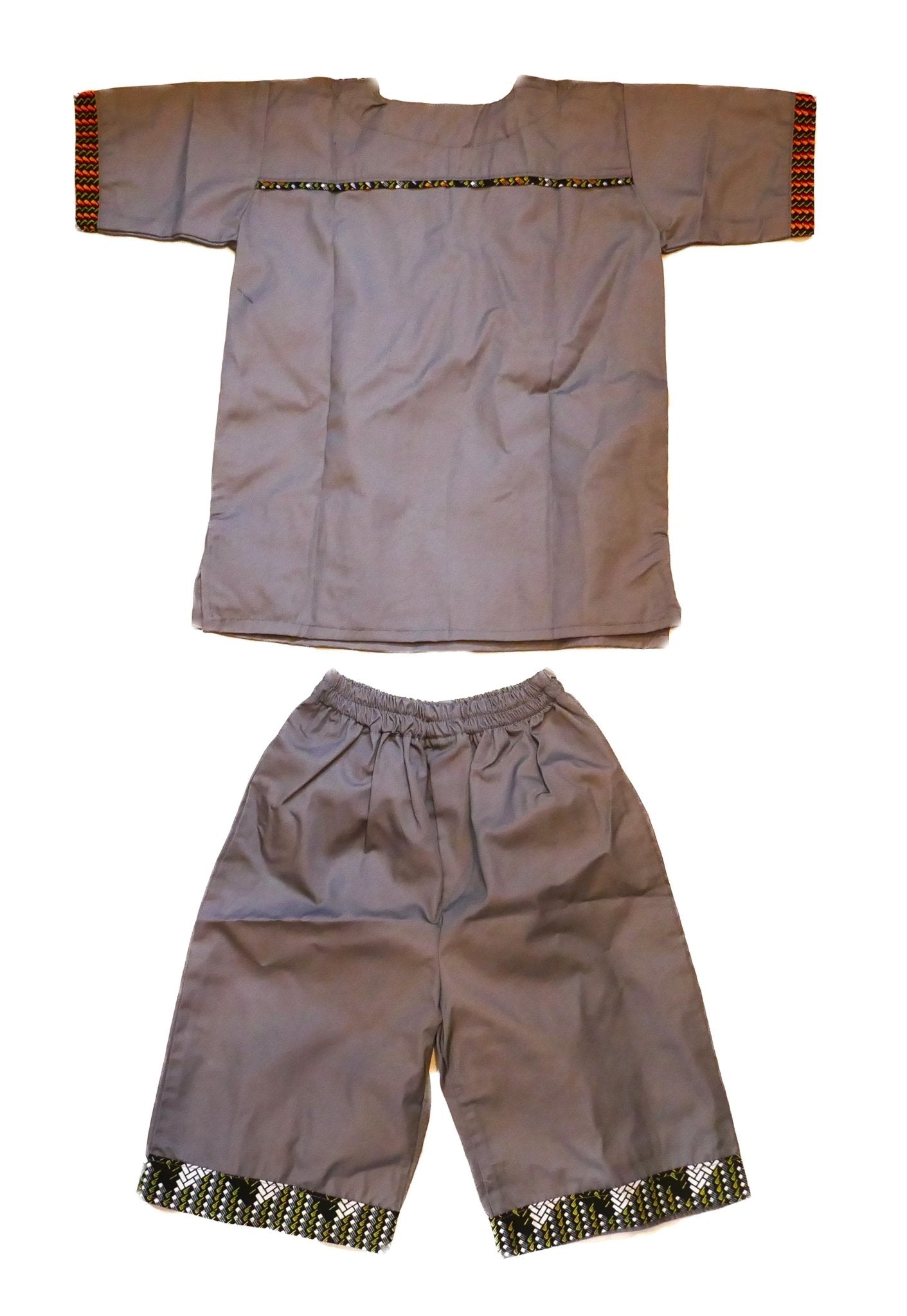 African Dashiki Shirt & Shorts set for Boys and Girls // Grey with African colours // Contemporary design // Ages from 8 - 14 depending on child`s size - FriendlyTradingCo