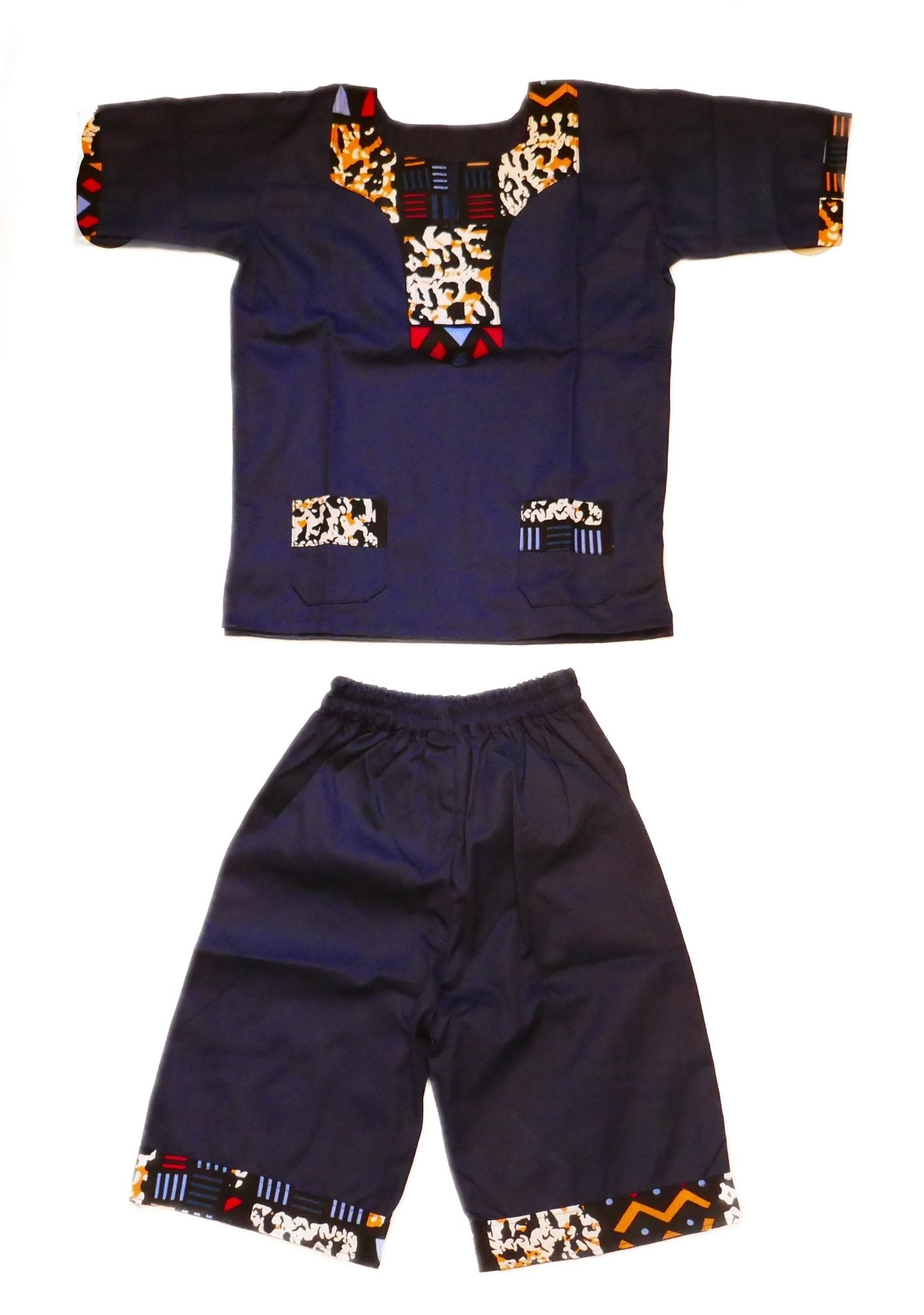 African Dashiki Shirt & Shorts set for Boys and Girls // Navy Blue with African colours // Contemporary design // Ages from 8 - 14 depending on child`s size - FriendlyTradingCo