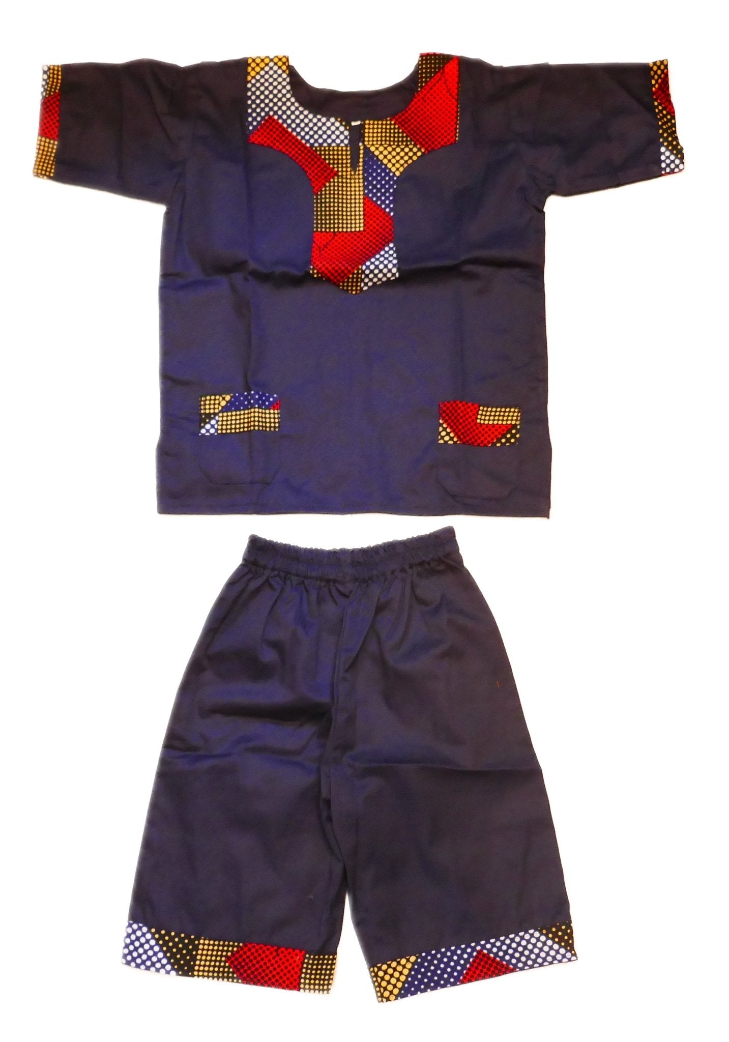 African Dashiki Shirt & Shorts set for Boys and Girls // Navy Blue with African colours // Contemporary design // Ages from 8 - 14 depending on child`s size - FriendlyTradingCo
