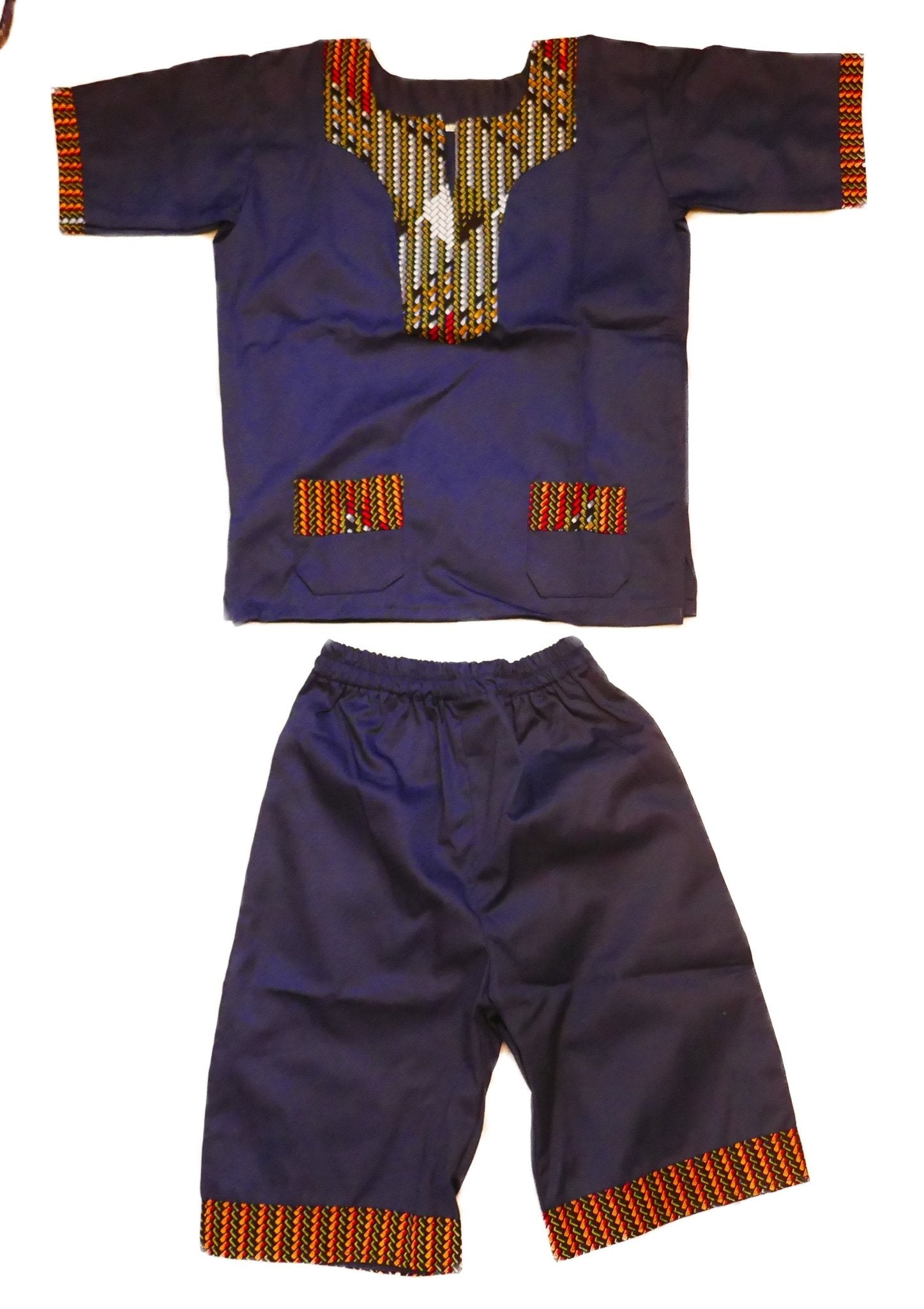 African Dashiki Shirt & Shorts set for Boys and Girls // Navy Blue with African colours // Contemporary design // Ages from 8 - 14 depending on child`s size - FriendlyTradingCo