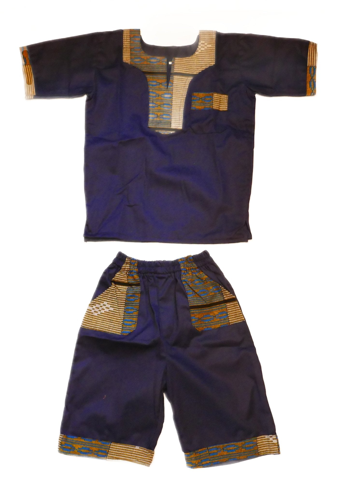 African Dashiki Shirt & Shorts set for Boys and Girls // Navy Blue with African colours // Contemporary design // Ages from 8 - 14 depending on child`s size - FriendlyTradingCo