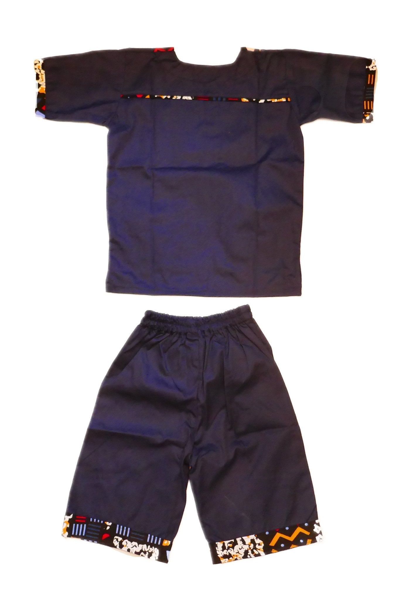 African Dashiki Shirt & Shorts set for Boys and Girls // Navy Blue with African colours // Contemporary design // Ages from 8 - 14 depending on child`s size - FriendlyTradingCo