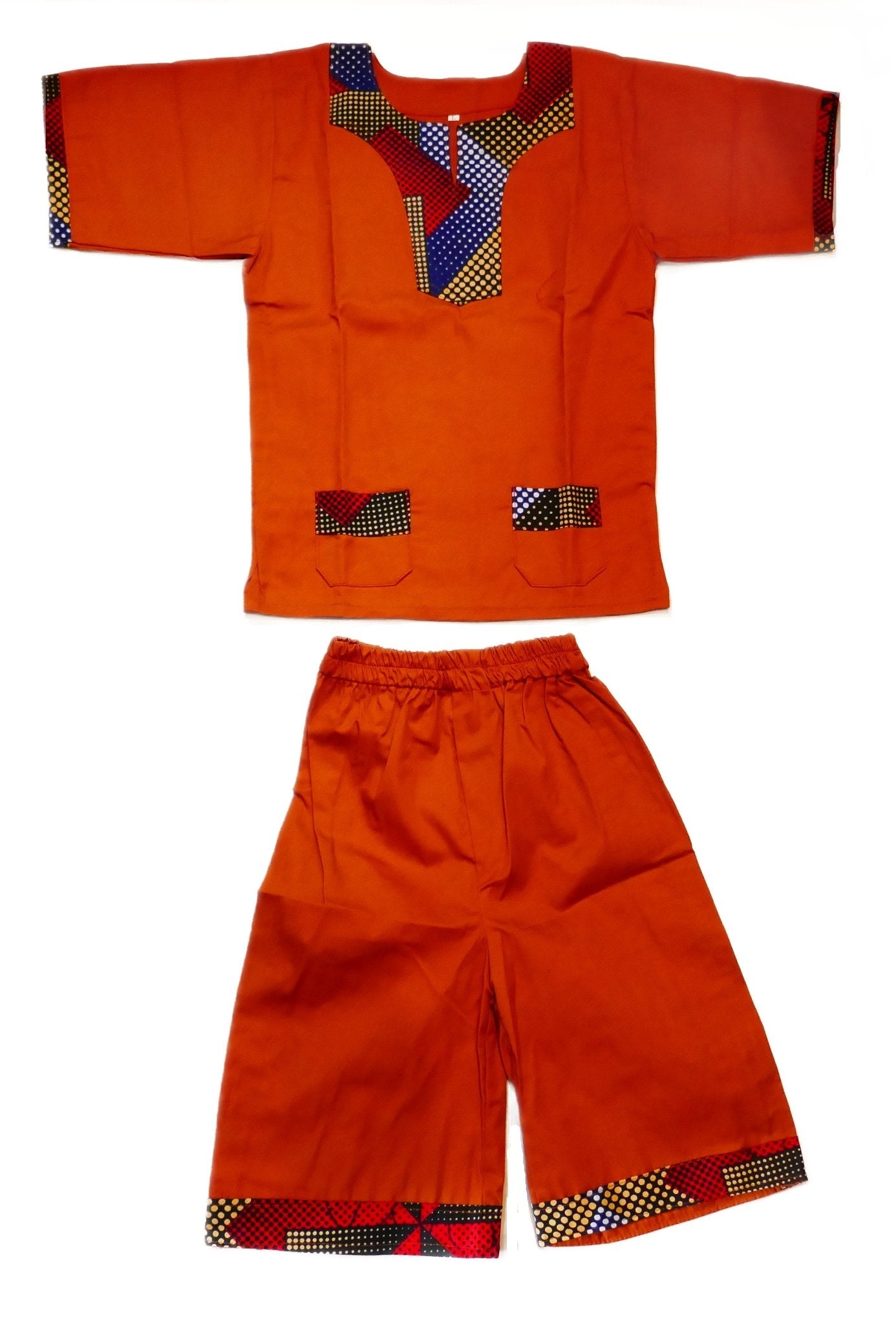 African Dashiki Shirt & Shorts set for Boys and Girls // Orange with African colours // Contemporary design // Ages from 8 - 14 depending on child`s size - FriendlyTradingCo