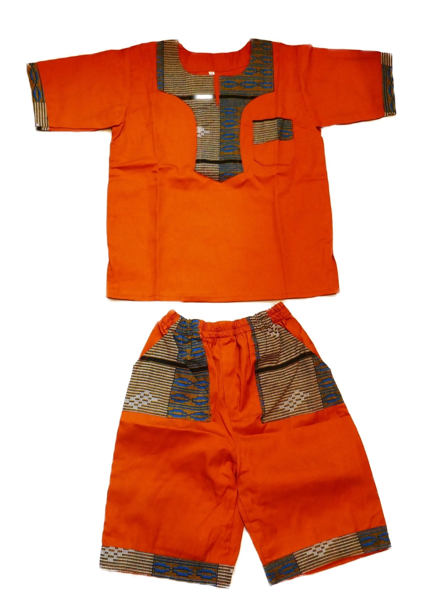 African Dashiki Shirt & Shorts set for Boys and Girls // Orange with African colours // Contemporary design // Ages from 8 - 14 depending on child`s size - FriendlyTradingCo