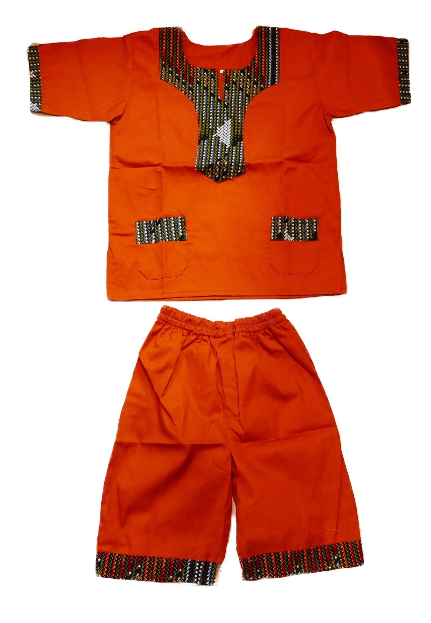 African Dashiki Shirt & Shorts set for Boys and Girls // Orange with African colours // Contemporary design // Ages from 8 - 14 depending on child`s size - FriendlyTradingCo