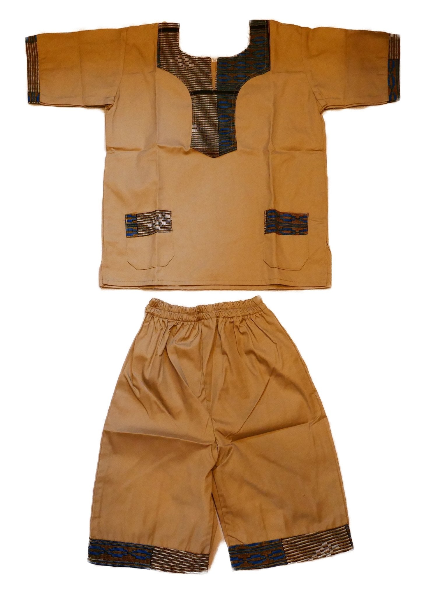 African Dashiki Shirt & Shorts set for Boys and Girls // Tan with African colours // Contemporary design // Ages from 8 - 14 depending on child`s size - FriendlyTradingCo