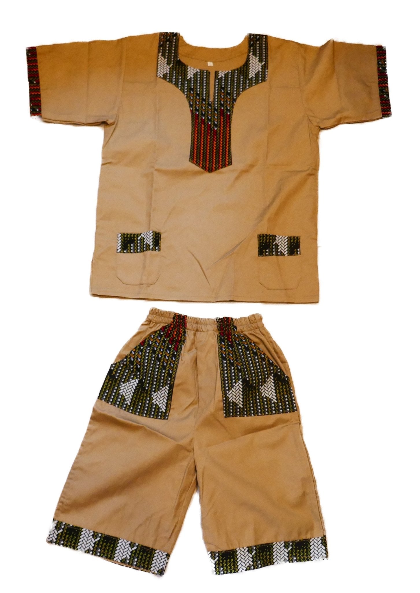 African Dashiki Shirt & Shorts set for Boys and Girls // Tan with African colours // Contemporary design // Ages from 8 - 14 depending on child`s size - FriendlyTradingCo