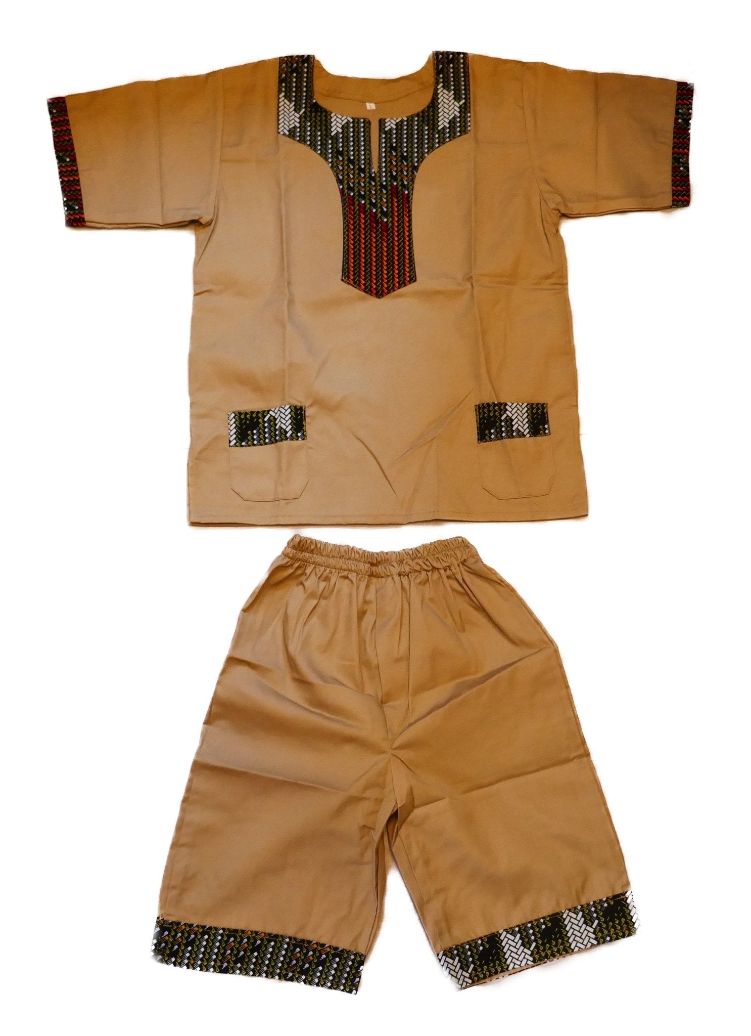 African Dashiki Shirt & Shorts set for Boys and Girls // Tan with African colours // Contemporary design // Ages from 8 - 14 depending on child`s size - FriendlyTradingCo