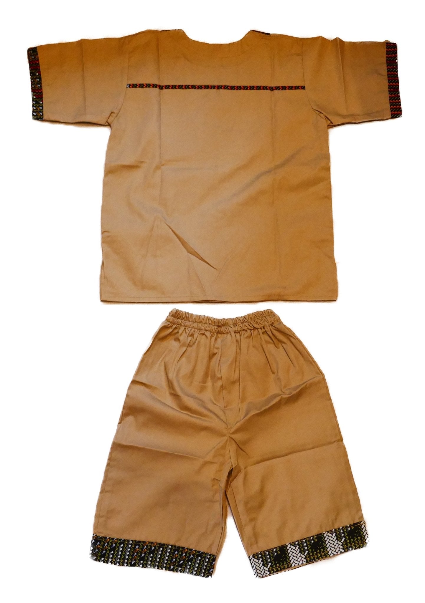 African Dashiki Shirt & Shorts set for Boys and Girls // Tan with African colours // Contemporary design // Ages from 8 - 14 depending on child`s size - FriendlyTradingCo