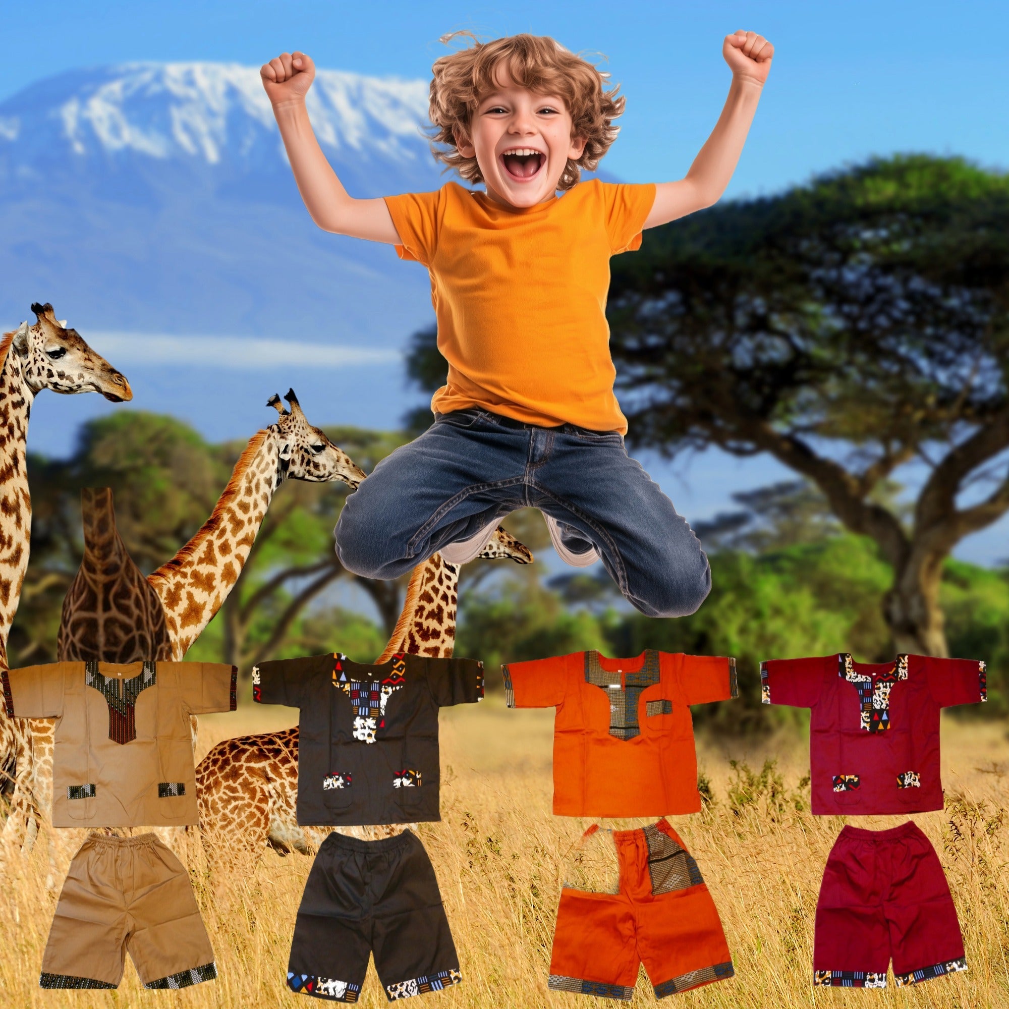 African Dashiki Shirt & Shorts set for Boys and Girls // White with African colours // Contemporary design // Ages from 8 - 14 depending on child`s size - FriendlyTradingCo