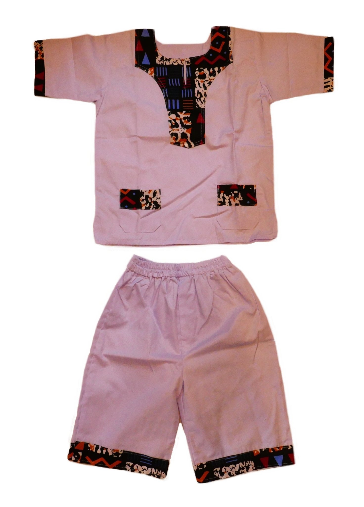 African Dashiki Shirt & Shorts set for Boys and Girls // White with African colours // Contemporary design // Ages from 8 - 14 depending on child`s size - FriendlyTradingCo