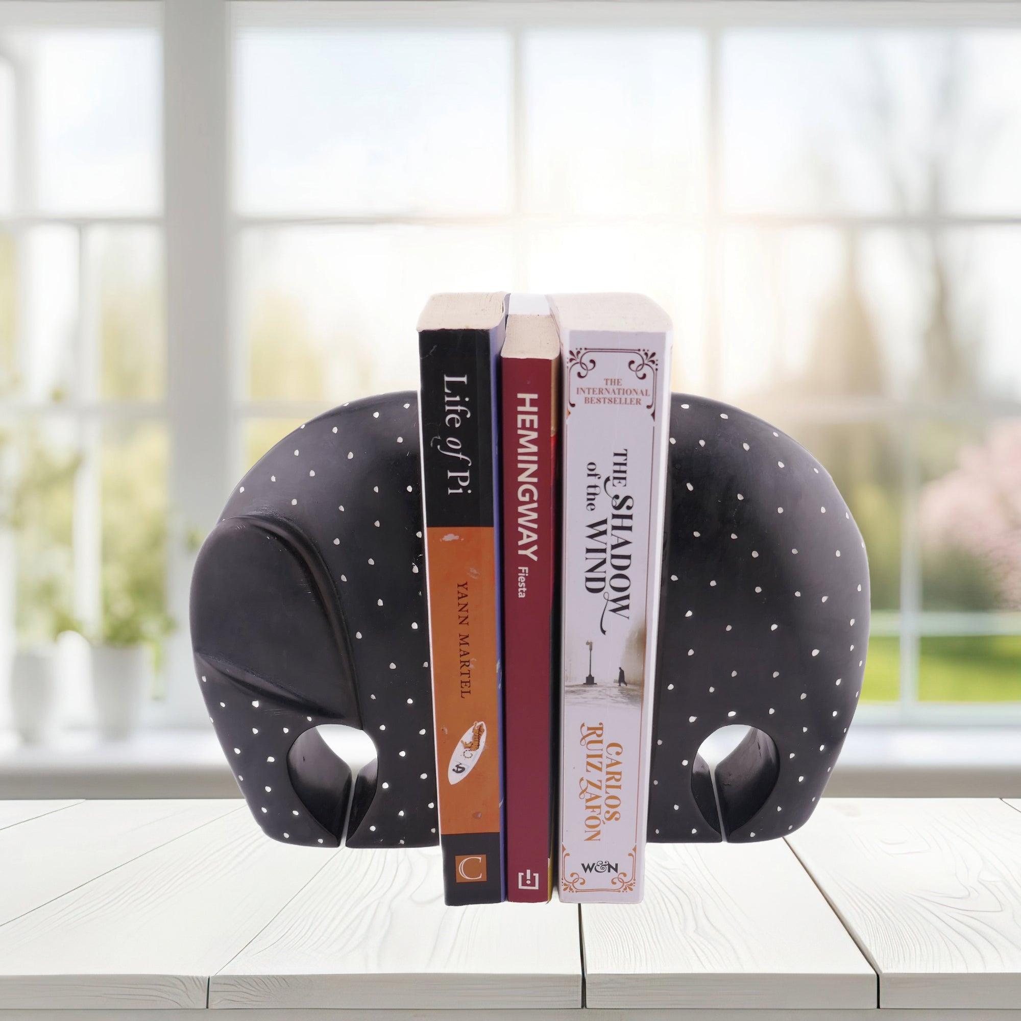 African Elephant Bookends - Black // Contemporary Stone Sculptures 17cm // Handcrafted in Stone with Story - card - FriendlyTradingCo