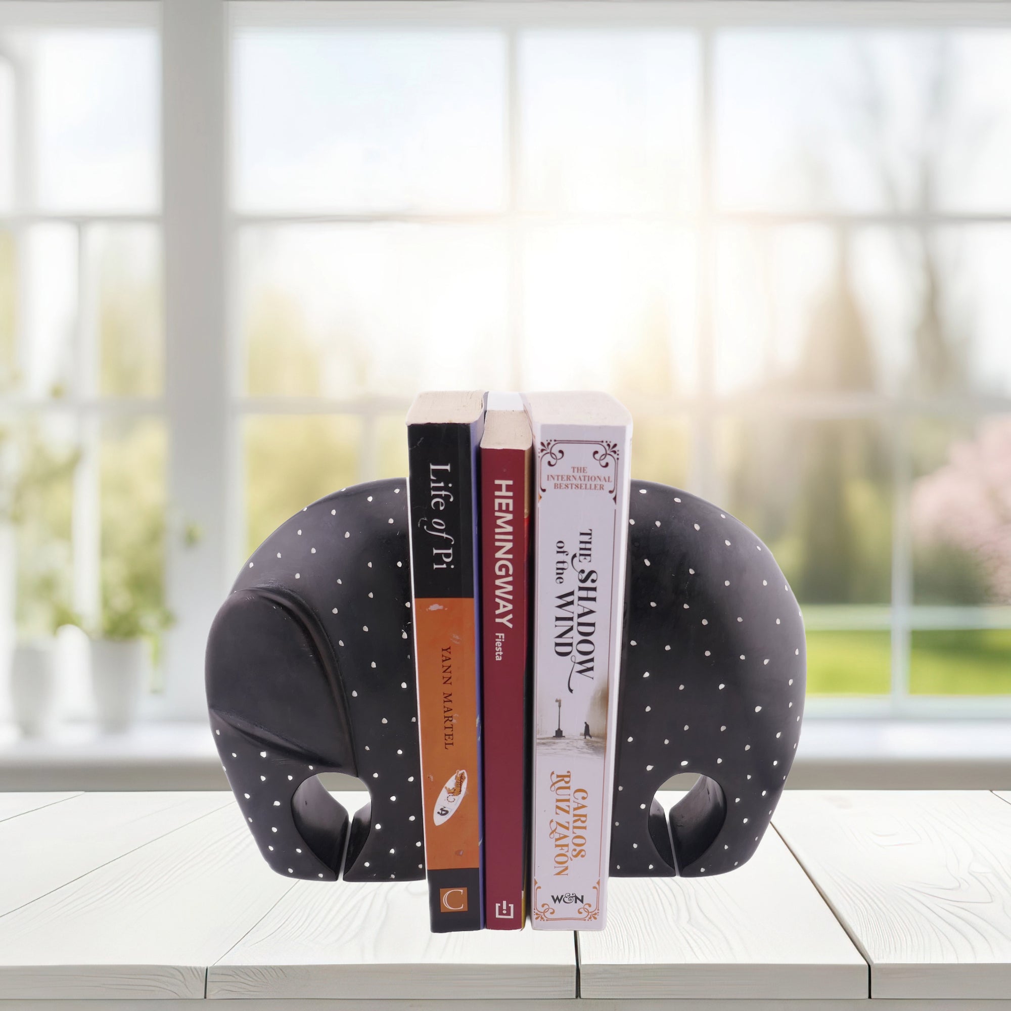 African Elephant Bookends - Black // Contemporary Stone Sculptures 17cm // Handcrafted in Stone with Story - card - FriendlyTradingCo