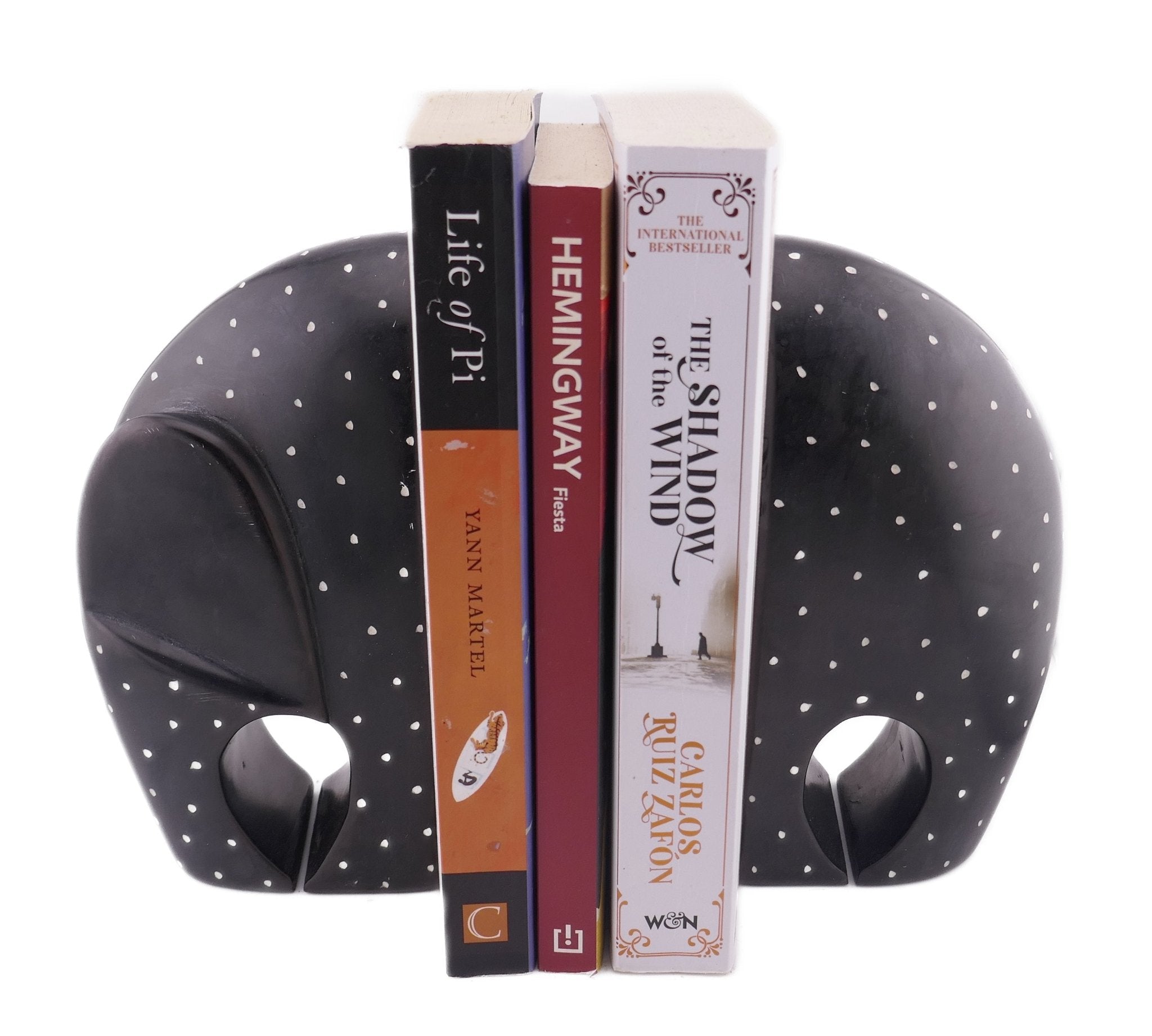 African Elephant Bookends - Black // Contemporary Stone Sculptures 17cm // Handcrafted in Stone with Story - card - FriendlyTradingCo