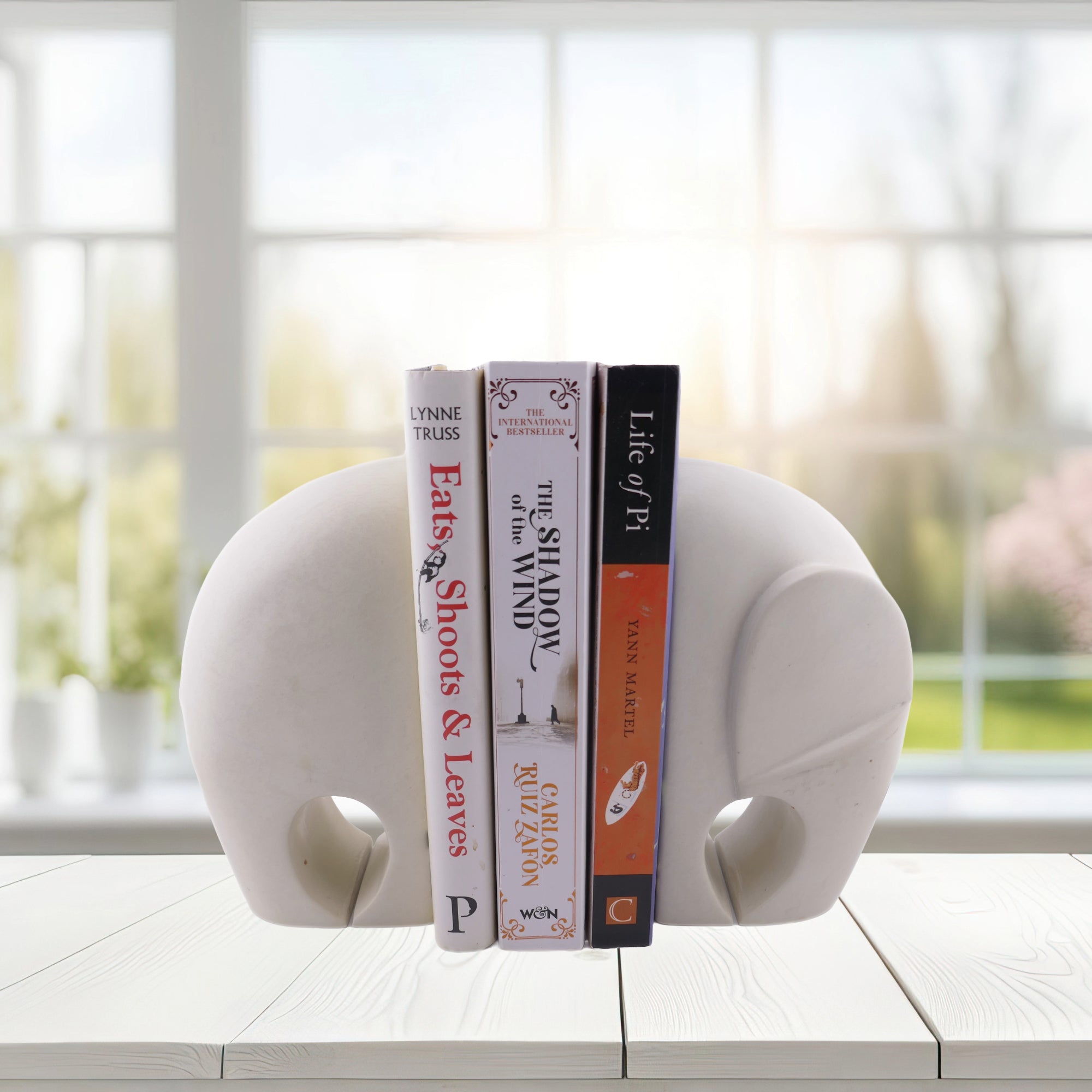 African Elephant Bookends - White // Contemporary Stone Sculptures 17cm // Handcrafted in Stone with Story - card - FriendlyTradingCo