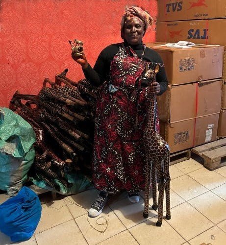 African Giraffe Carving in Wood // Handcrafted tall, heavy Jacaranda wood Giraffe Carving // Choose from 4 foot / 120cm tall to 12 inch / 30 cm Giraffe // including storycard - FriendlyTradingCo