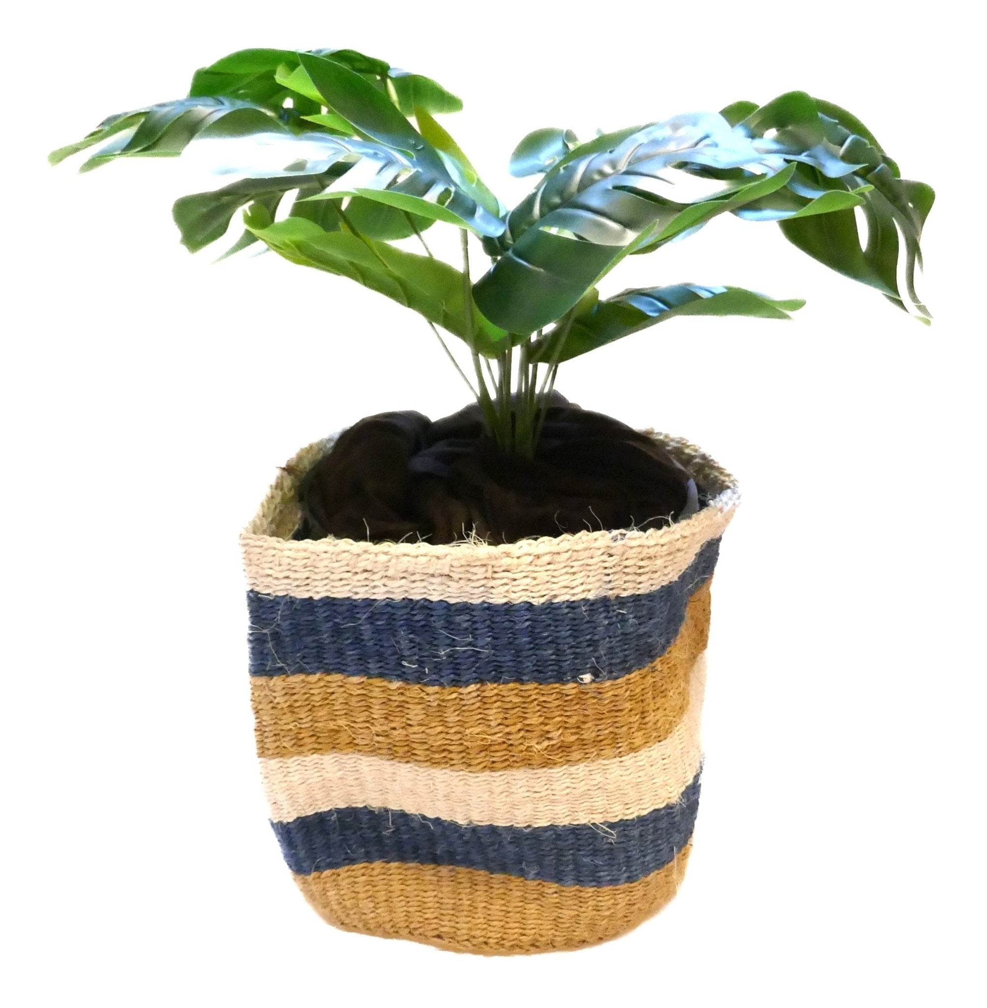 African Plant / Storage Basket / Kiondo Woven Sisal Planter / 23 cm / 9 inch wide / Blue naturals - FriendlyTradingCo