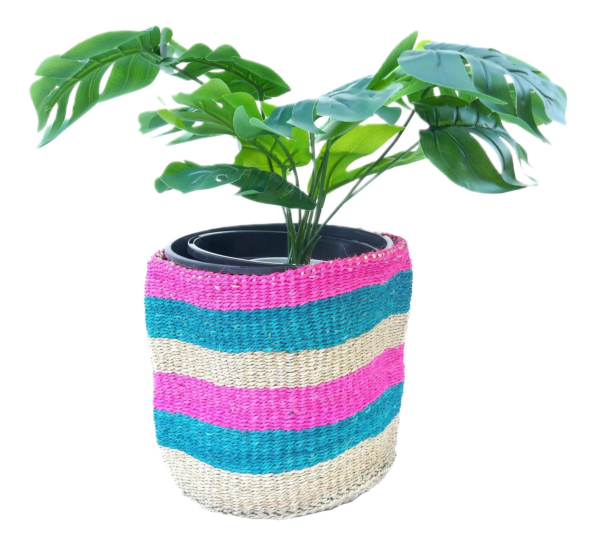 African Plant / Storage Basket / Kiondo Woven Sisal Planter / 23 cm / 9 inch wide / Blue naturals - FriendlyTradingCo