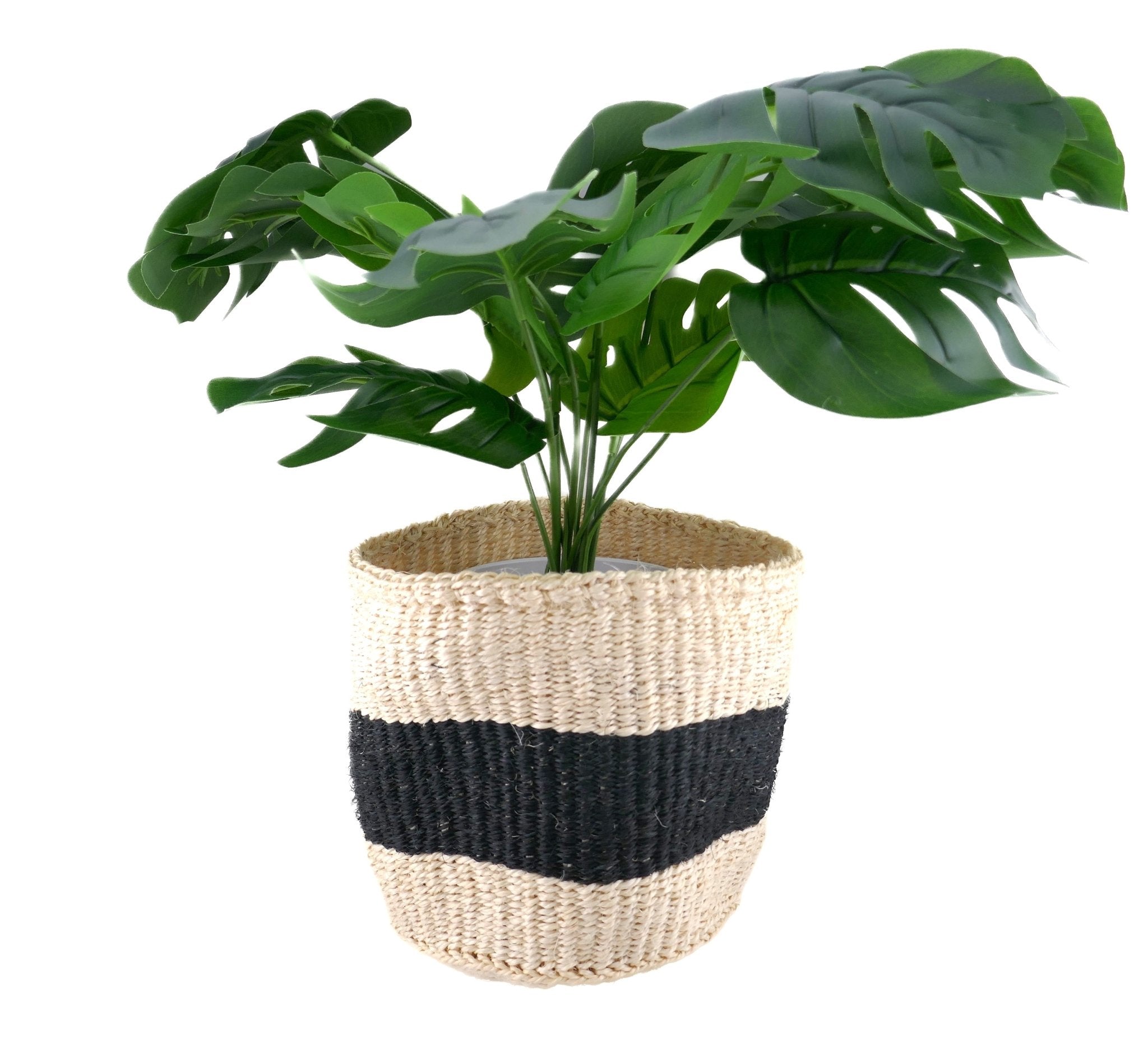 African Plant / Storage Basket / Kiondo Woven Sisal Planter / 23 cm / 9 inch wide / Naturals and black - FriendlyTradingCo