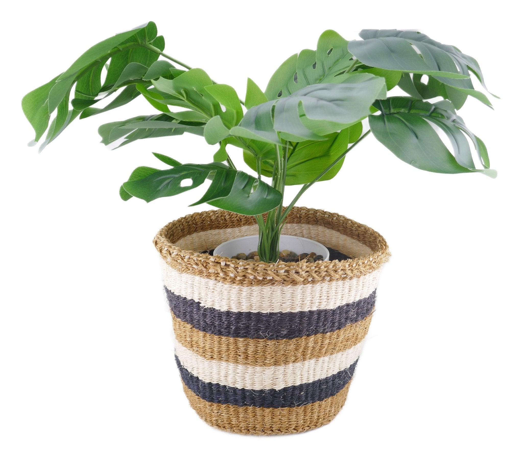 African Plant / Storage Basket / Kiondo Woven Sisal Planter / 23 cm / 9 inch wide / Naturals and black - FriendlyTradingCo