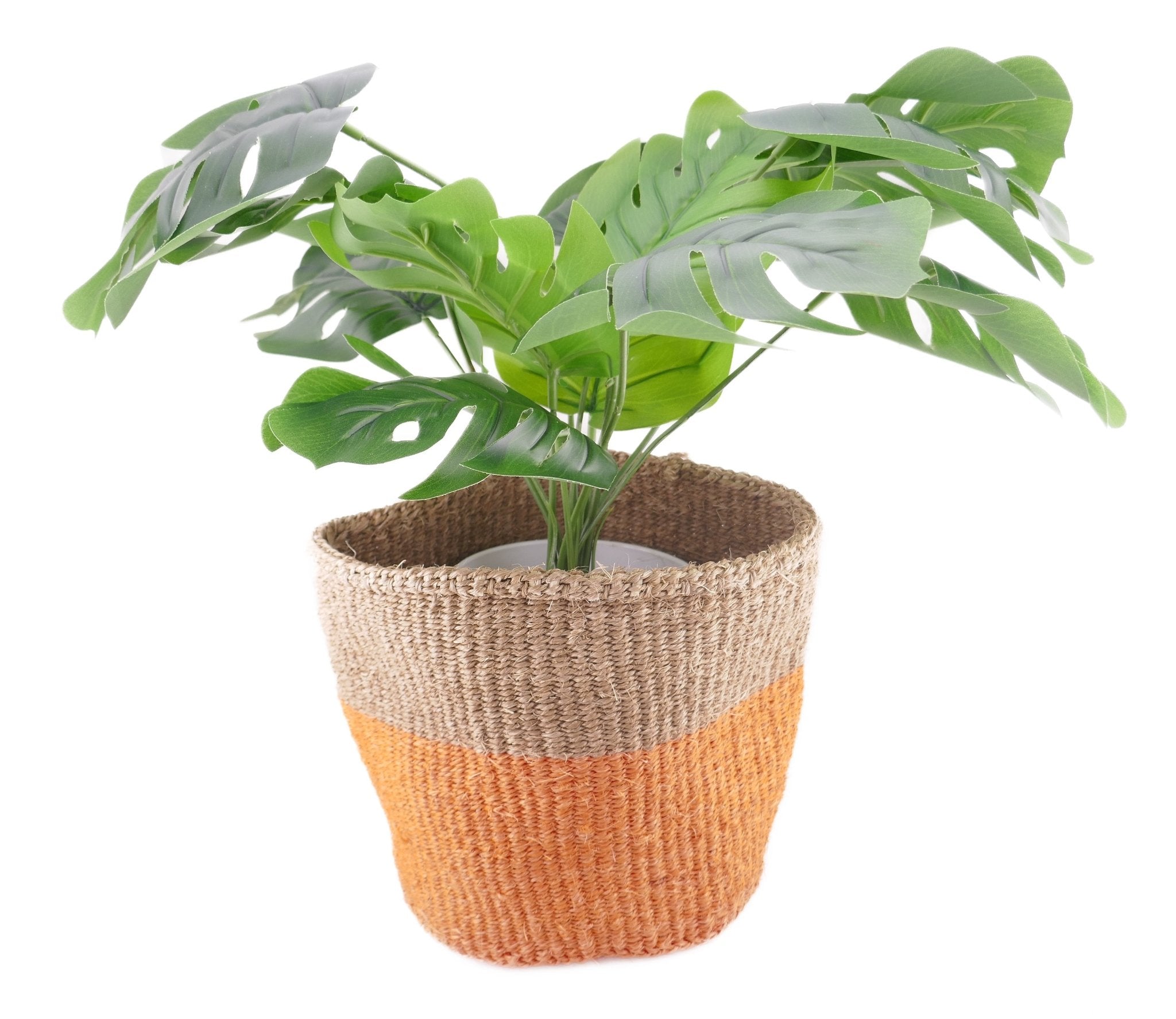 African Plant / Storage Basket / Kiondo Woven Sisal Planter / 23 cm / 9 inch wide / Orange & naturals - FriendlyTradingCo