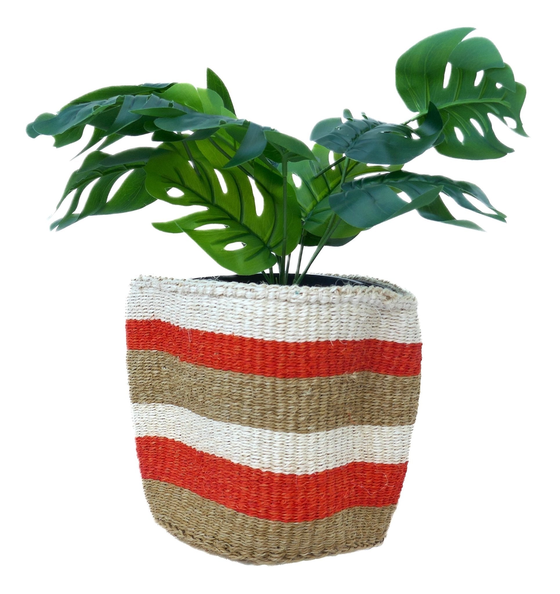 African Plant / Storage Basket / Kiondo Woven Sisal Planter / 23 cm / 9 inch wide / Orange & naturals - FriendlyTradingCo