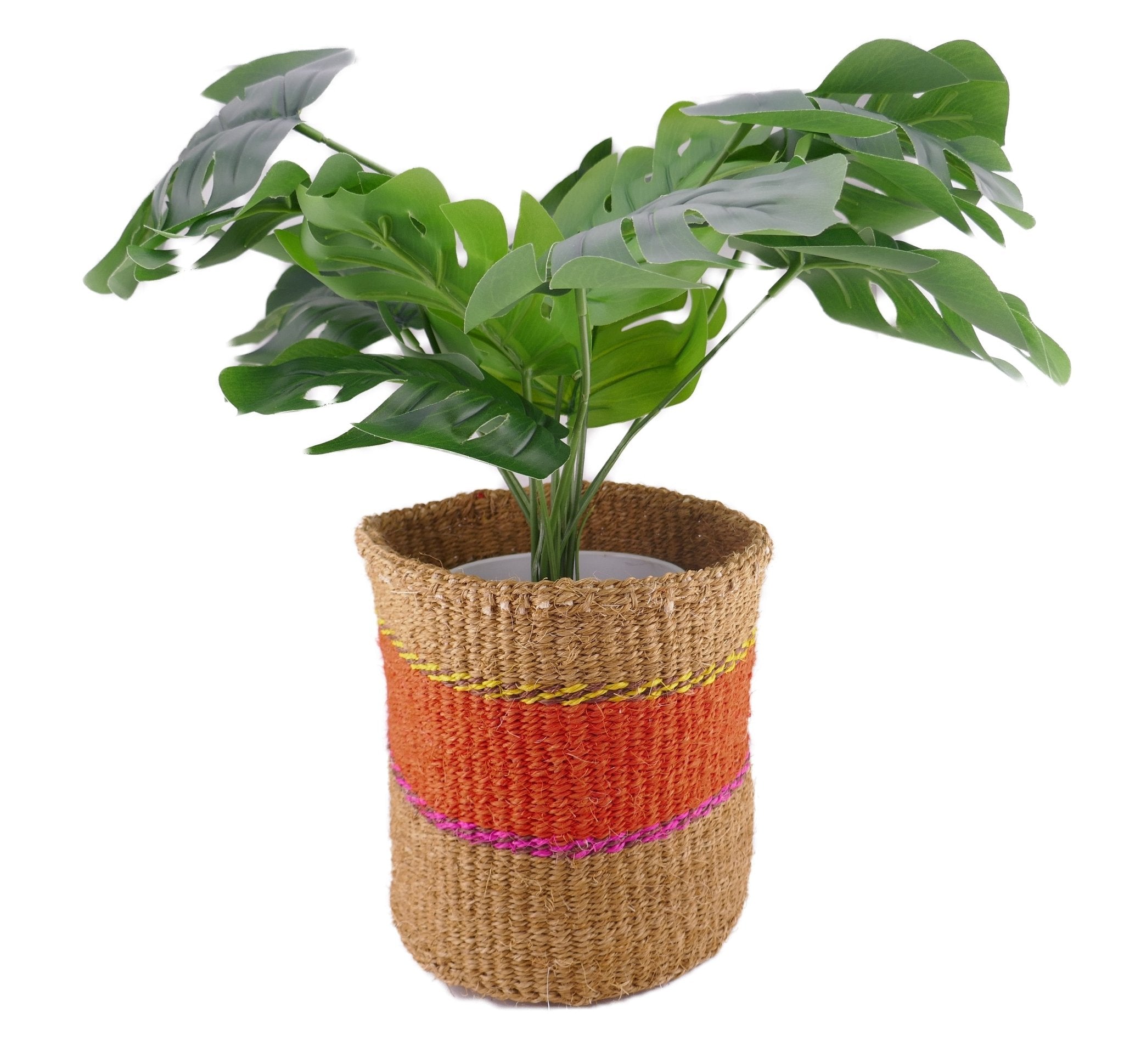 African Plant / Storage Basket / Kiondo Woven Sisal Planter / 23 cm / 9 inch wide / Orange & naturals - FriendlyTradingCo
