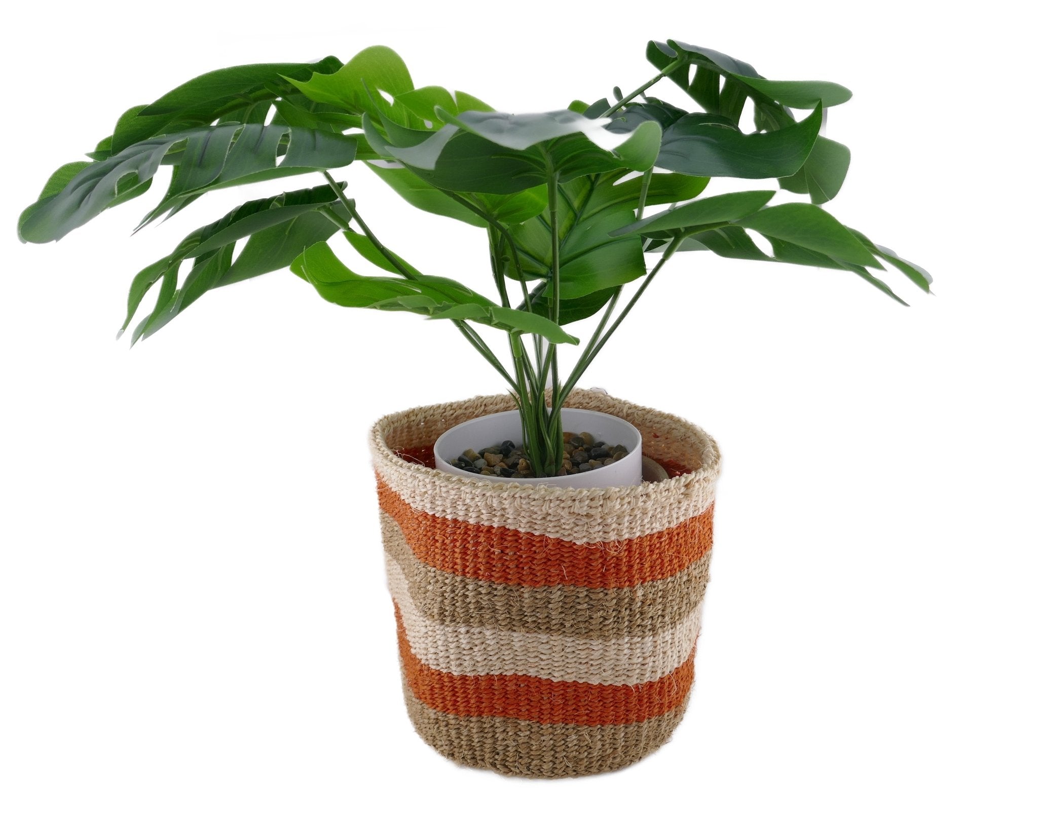 African Plant / Storage Basket / Kiondo Woven Sisal Planter / 23 cm / 9 inch wide / Orange & naturals - FriendlyTradingCo