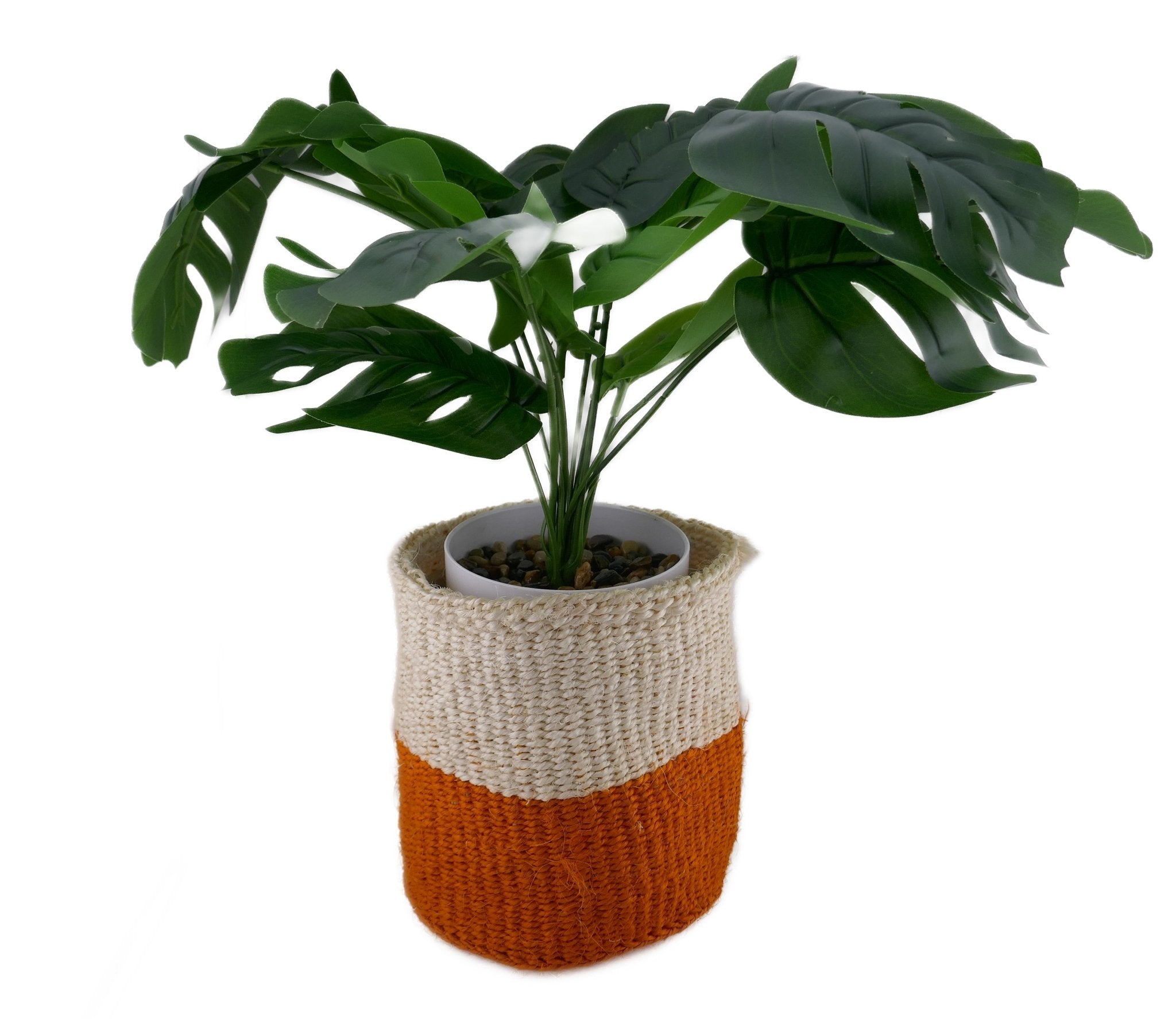 African Plant / Storage Basket / Kiondo Woven Sisal Planter / 23 cm / 9 inch wide / Orange & naturals - FriendlyTradingCo